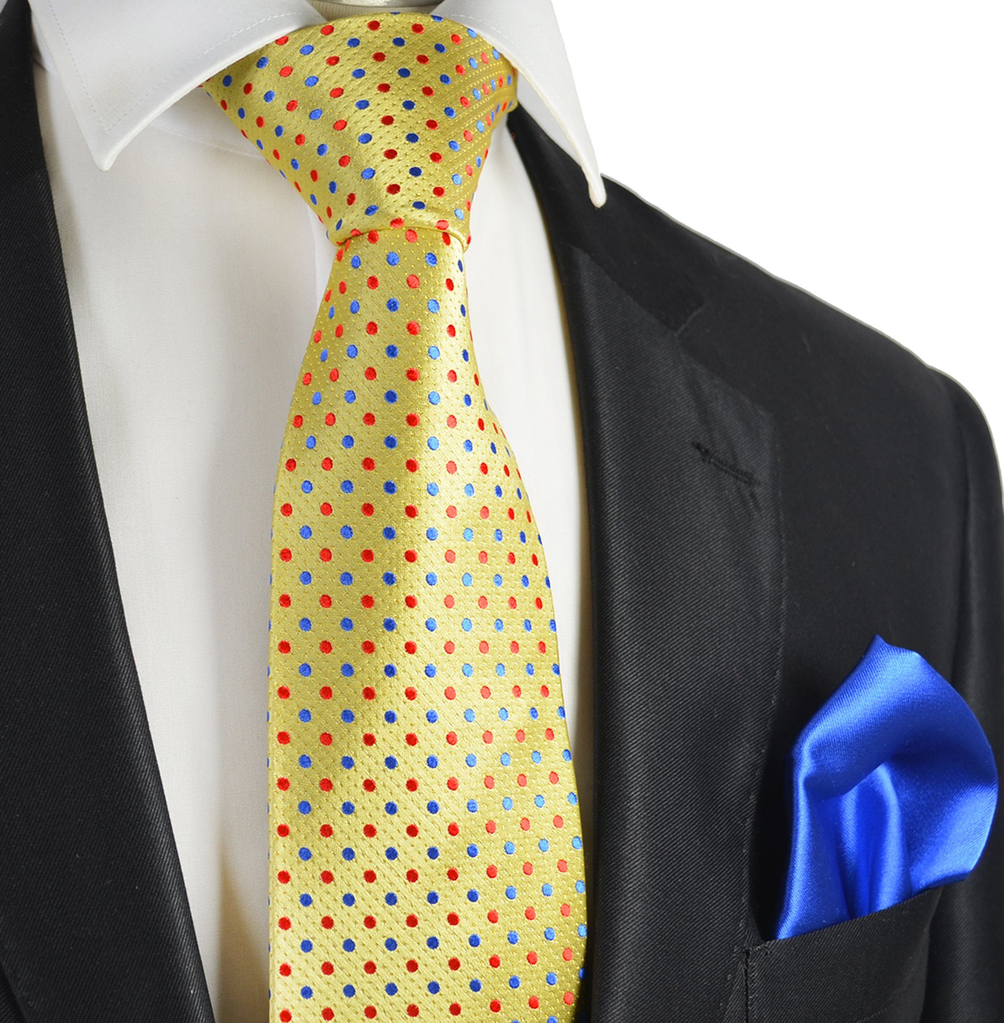 Krawatte elegant 2-St., Malone Einstecktuch) gepunktet 7-Fold Schlips blau Seide gelb S14112-46 rot Seidenkrawatte modern Paul (Set, 100% mit