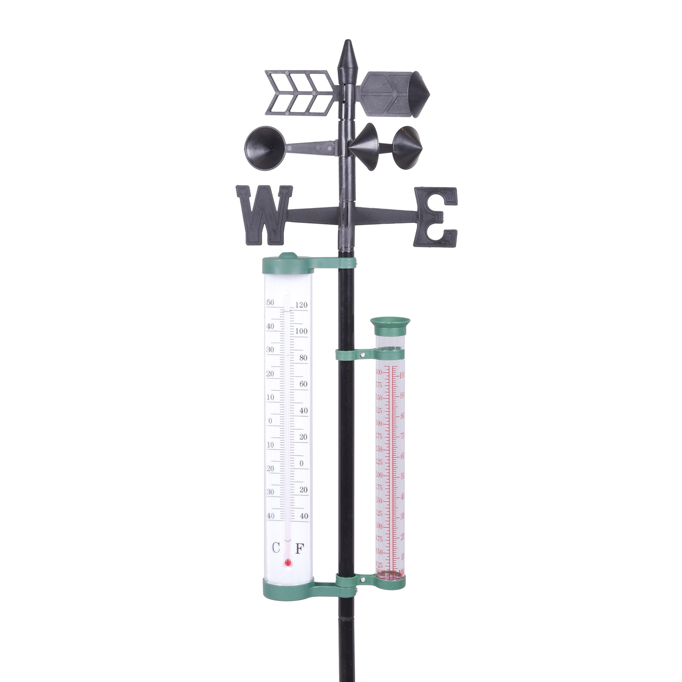 Spetebo 4in1 Wetterstation mit Erdspieß - 146 x 24 cm Außenwetterstation (Thermometer, Niederschlagsmesser, Windmesser, Windrichtungsanzeiger, Garten Thermometer Wind- und Niederschlagsmesser)