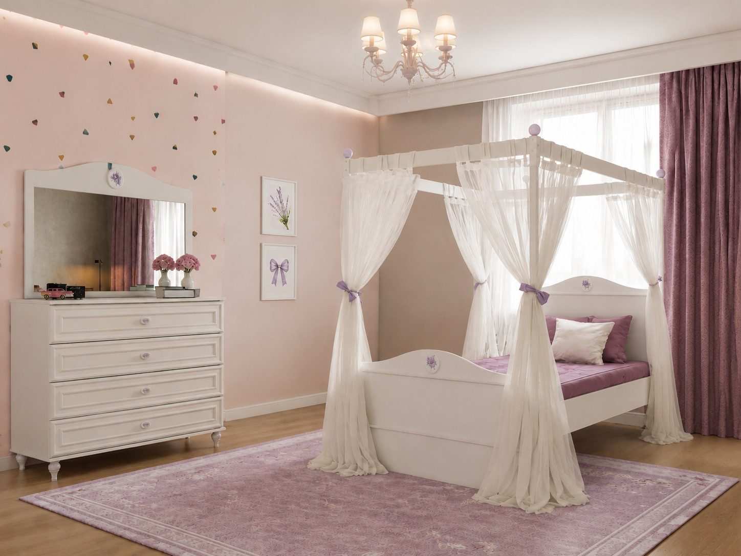 Xlmoebel Himmelbett Himmelbett Kommode Spiegel Weiß Holz Textil Glas Schlafzimmer (3-tlg., 3-tlg)