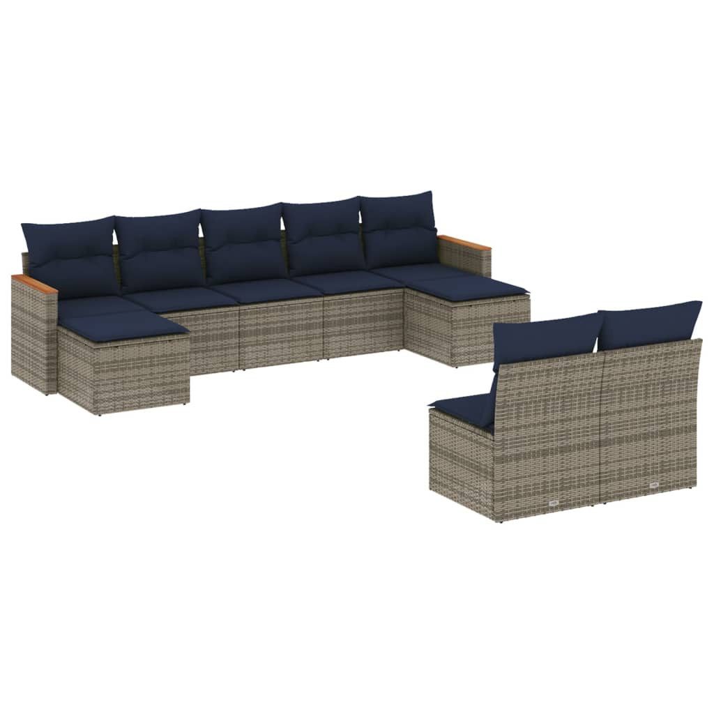 Gartenlounge-Set 9-teiliges Gartensofa-Set mit Kissen, grau, Polyrattan