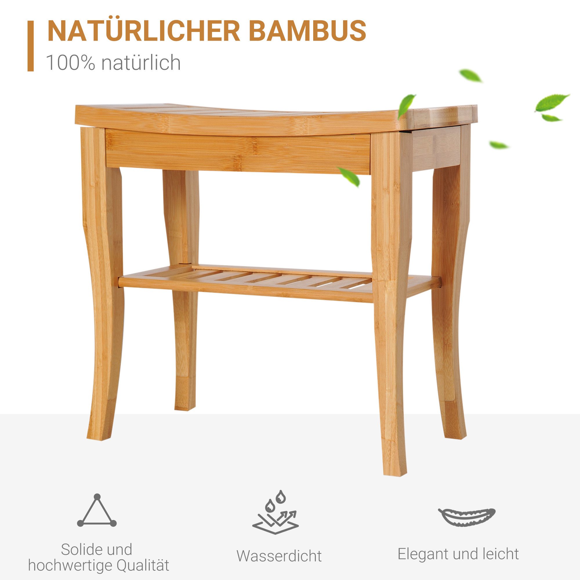HOMCOM Dusch- und Badhocker Badhocker mit Ablage Duschsitz Duschstuhl Badstuhl Badregal, belastbar bis 130 kg, aus Bambus Natur 47,5 x 26 x 44,5 cm – Bild 4 von 5