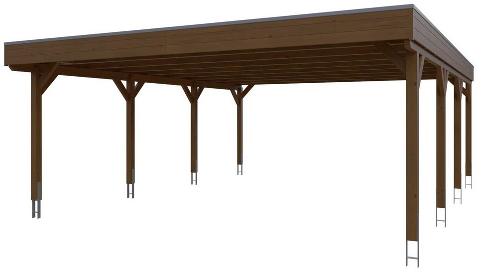 Skanholz Doppelcarport Grunewald, BxT: 622x796 cm, 590 cm Einfahrtshöhe,  mit Aluminiumdach, Flachdach mit Aluminium-Dachplatten, farblich behandelt  in nussbaum