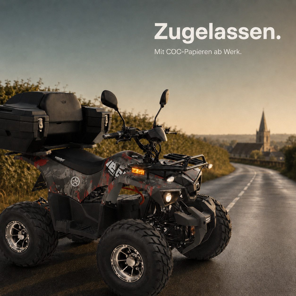 Hecht E-Quad 56199 mit Straßenzulassung, 1200 W, 45 km/h, Anhängerkupplung & Koffer, 72V/20Ah Akku