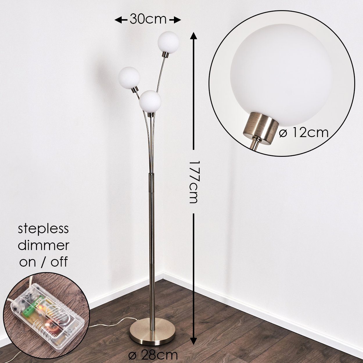 hofstein Stehlampe »Lerici« moderne Standleuchte, 3-flammig dimmbar, ohne Leuchtmittel, mit 3 Echtglaskugeln, G9, Wohnzimmer