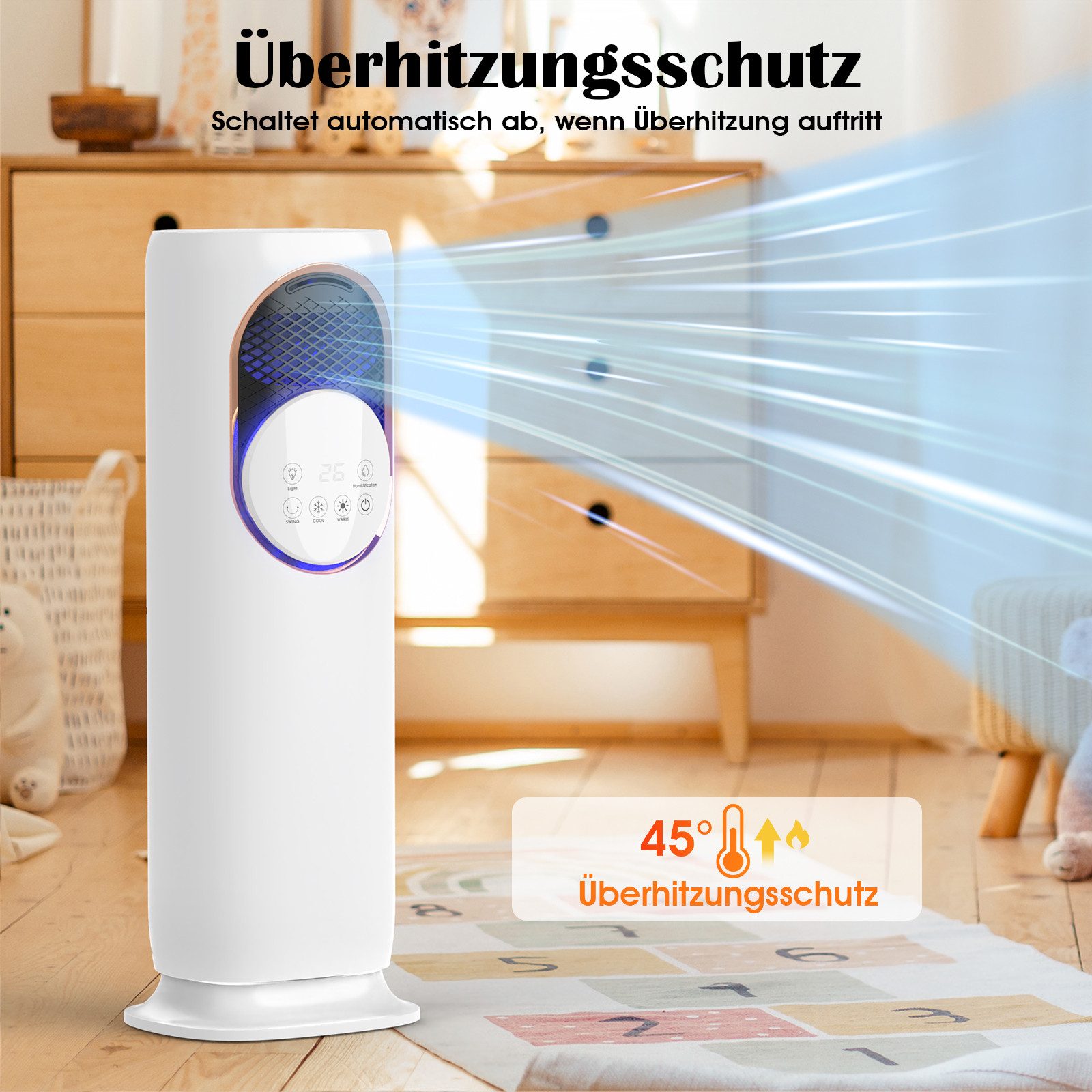 Rebonique Turmventilator Klimaanlage mit Heizlüfter/Luftkühler/Luftbefeuchter, 4L Wassertank, 3 Geschwindigkeiten für Schlafzimmer Büro Wohnzimmer