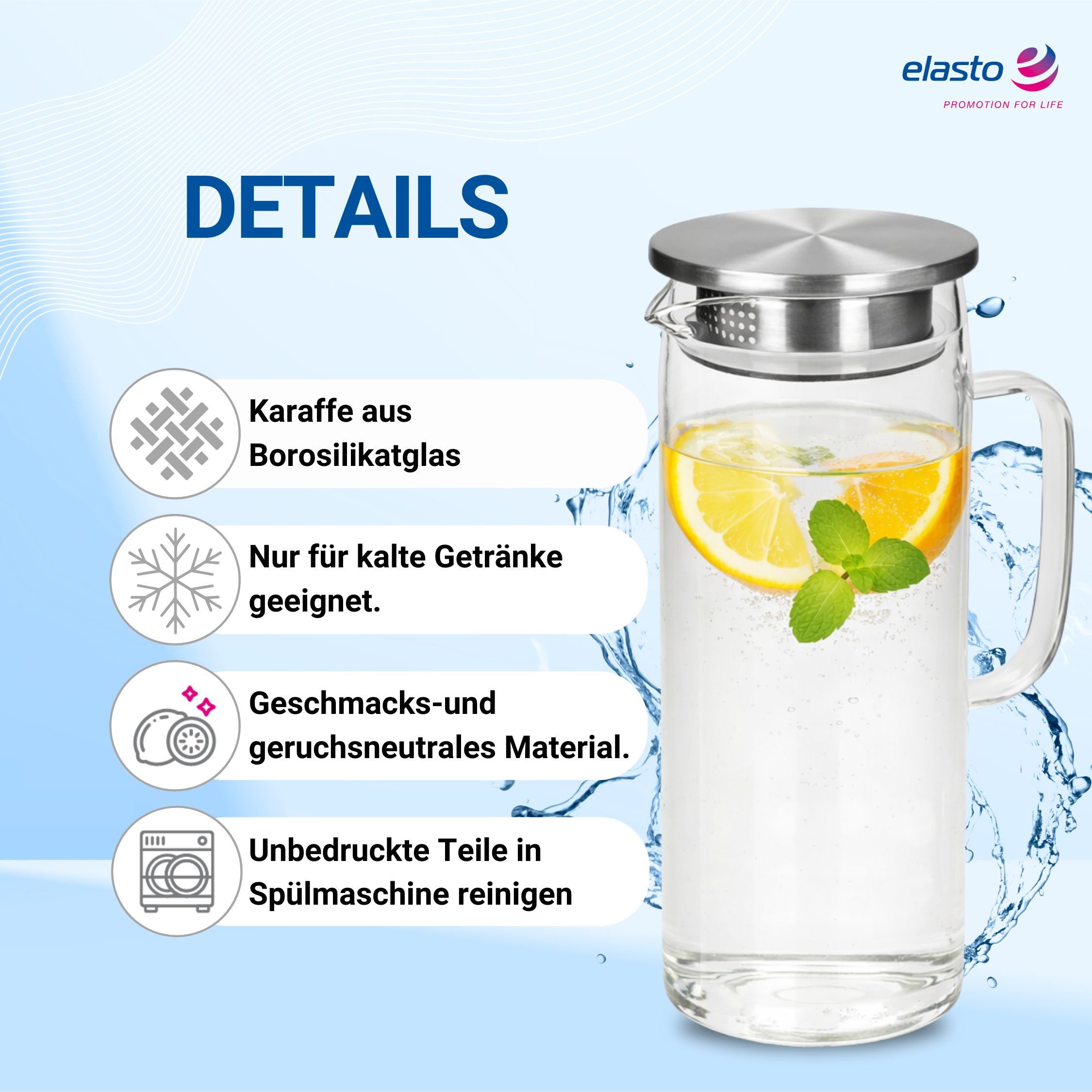 elasto Wasserkaraffe Glaskaraffe mit Deckel und Sieb 1,5 Liter aus Borosilikatglas