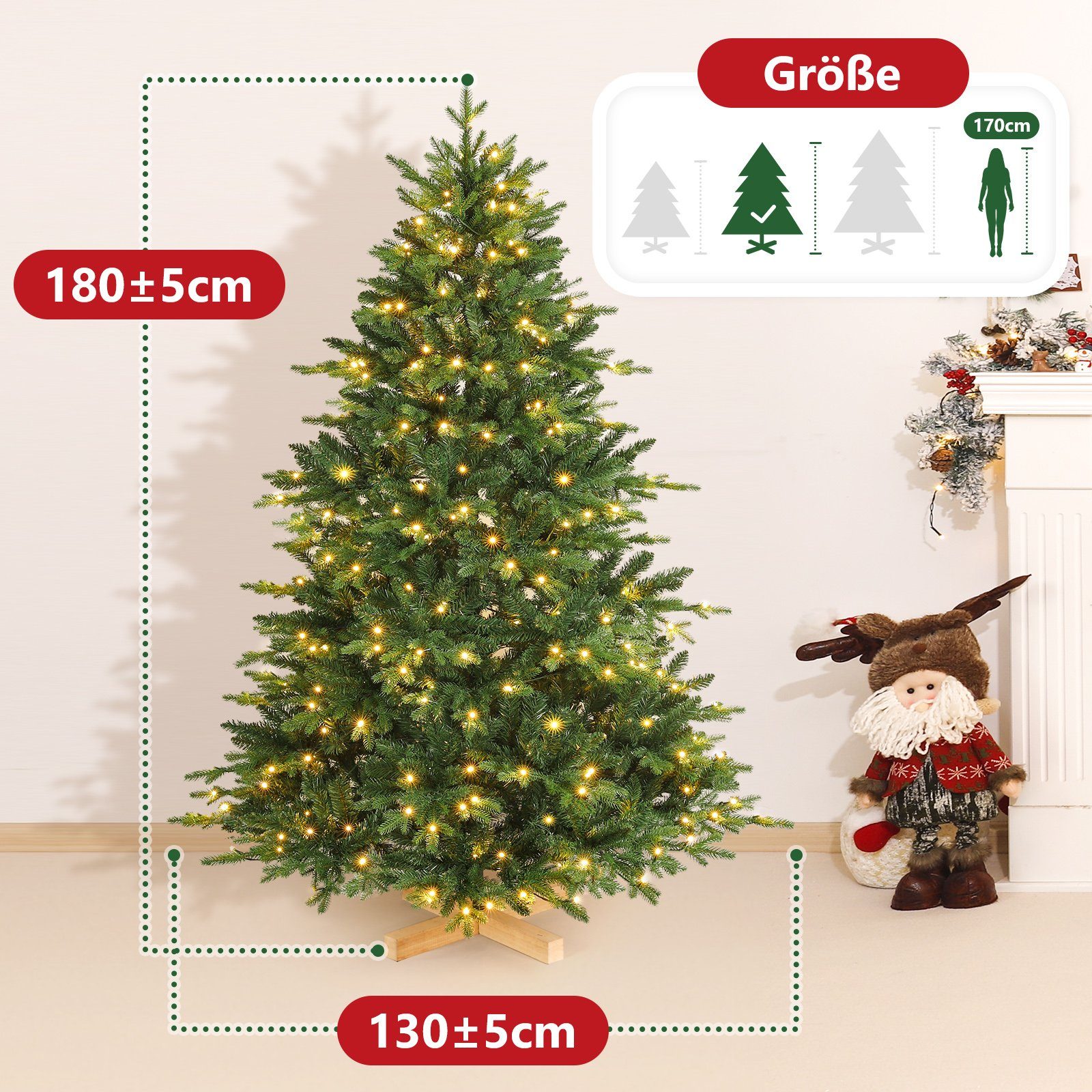 Yorbay Künstlicher Weihnachtsbaum Künstlicher Tannenbaum mit LED Beleuchtung, Weihnachstbaum aus PE, PVC, 150 / 180 / 210 cm auswählbar, mit Holzständer, Nordmanntanne, Weihnachtsbaum Christbaum für Weihnachten-Dekoration