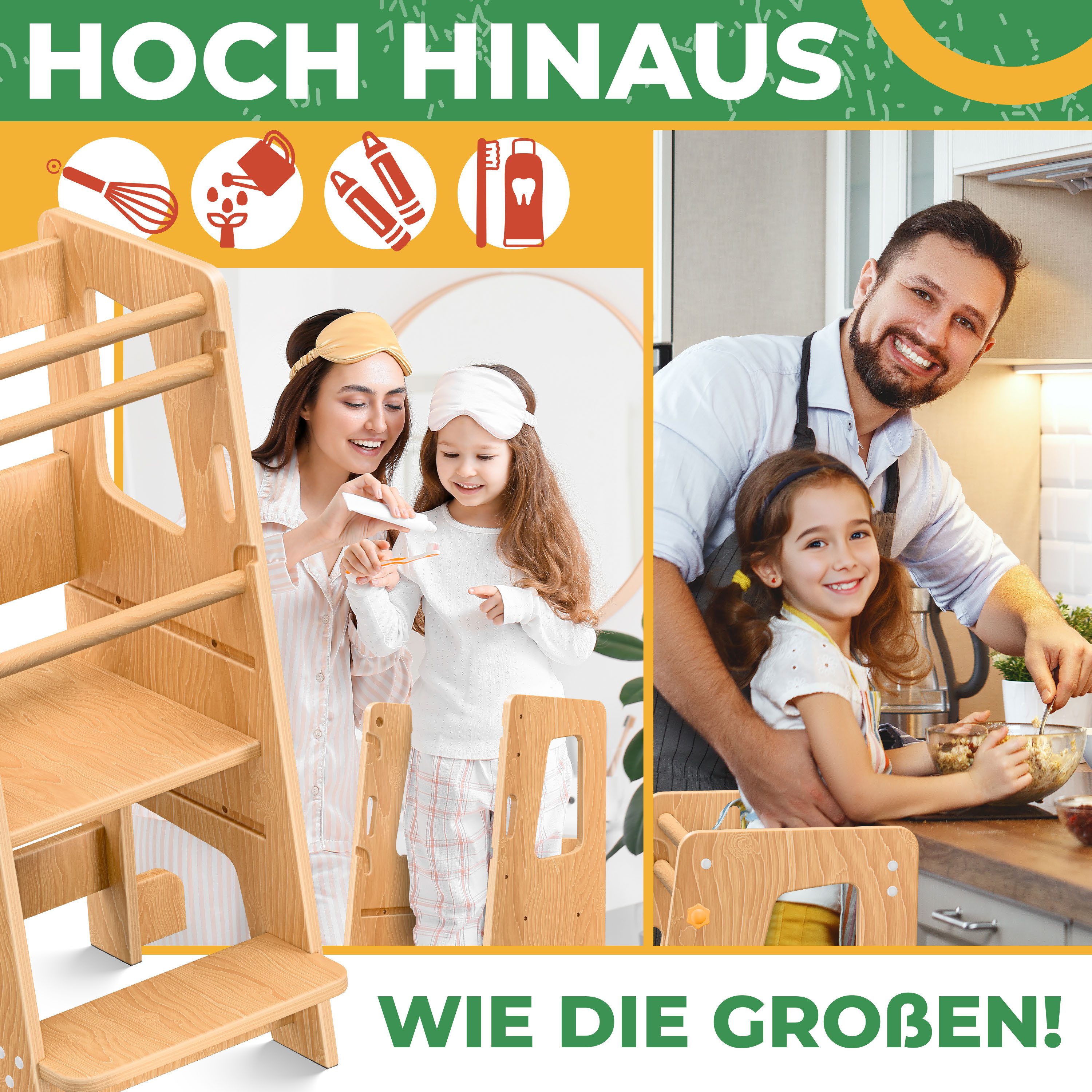 KIDIZ Stehhilfe (Tritthocker inklusive Lernuhr & abnehmbarer Anti-Kipp-Schutz), 3-stufig Höhenverstellbar, spielerisch motorische Fähigkeiten fördern – Bild 4 von 5