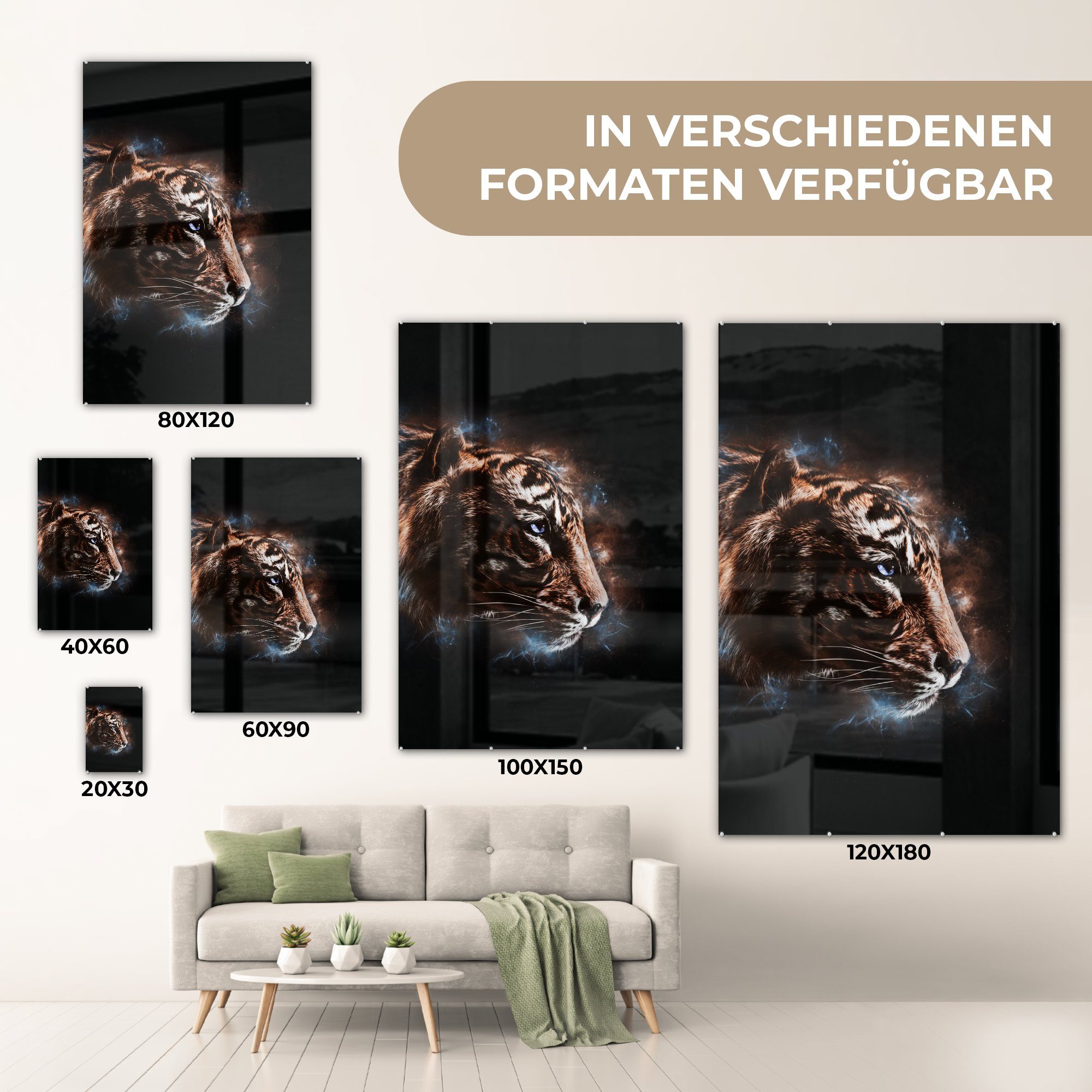 MuchoWow Acrylglasbild Tiger - Magie (1 auf - - Glas bunt Wanddekoration Foto - - auf St), Glas Bilder Schwarz, Glasbilder Wandbild