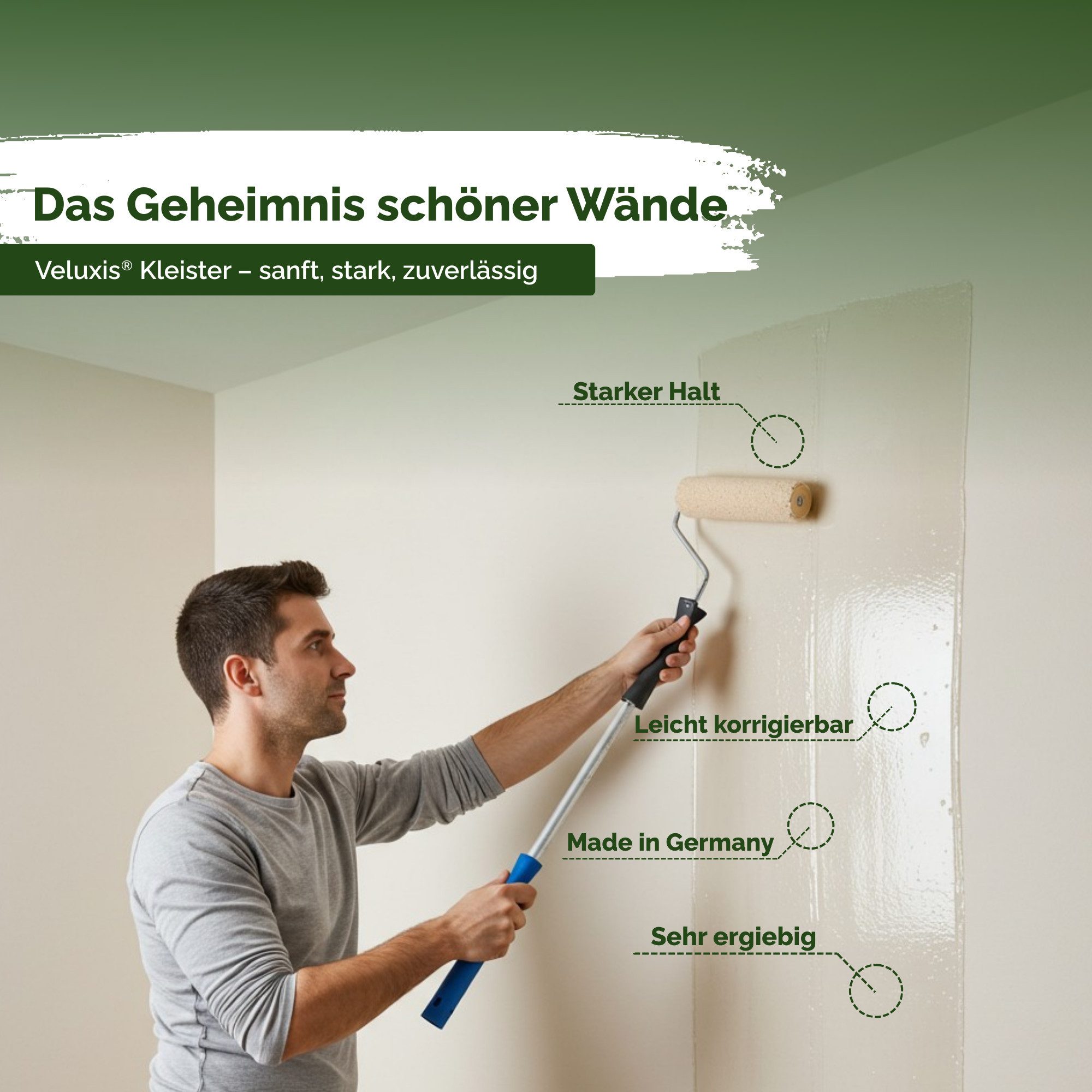 Veluxis Kleister Veluxis® Vliestapetenkleister, (1-tlg), Starke Klebkraft, fleckenfrei & korrigierbar, 1 Beutel = 30 qm – Bild 3 von 5