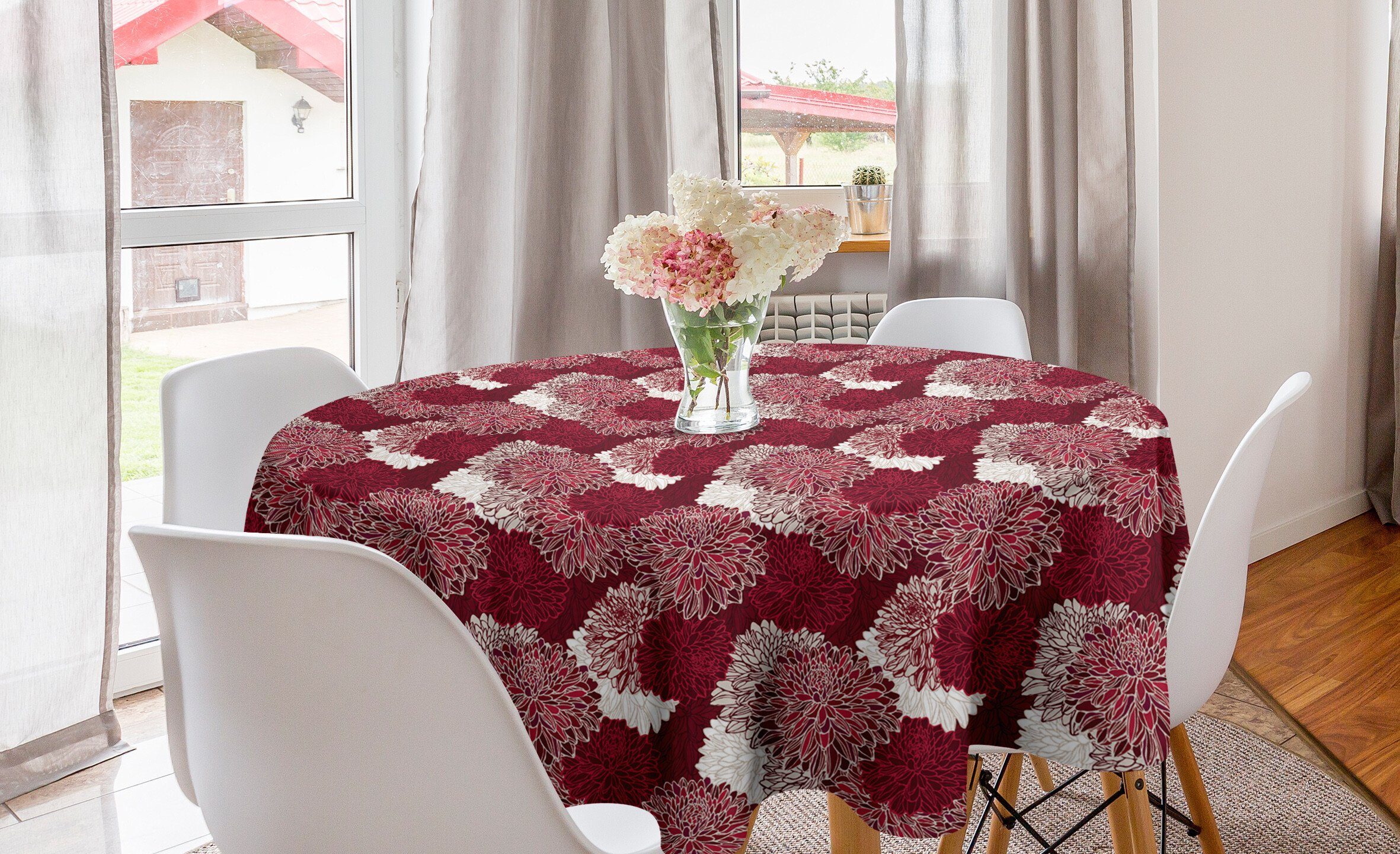 Abakuhaus Tischdecke Kreis Tischdecke Abdeckung für Esszimmer Küche Dekoration, Rot und weiß Chrysanthemen