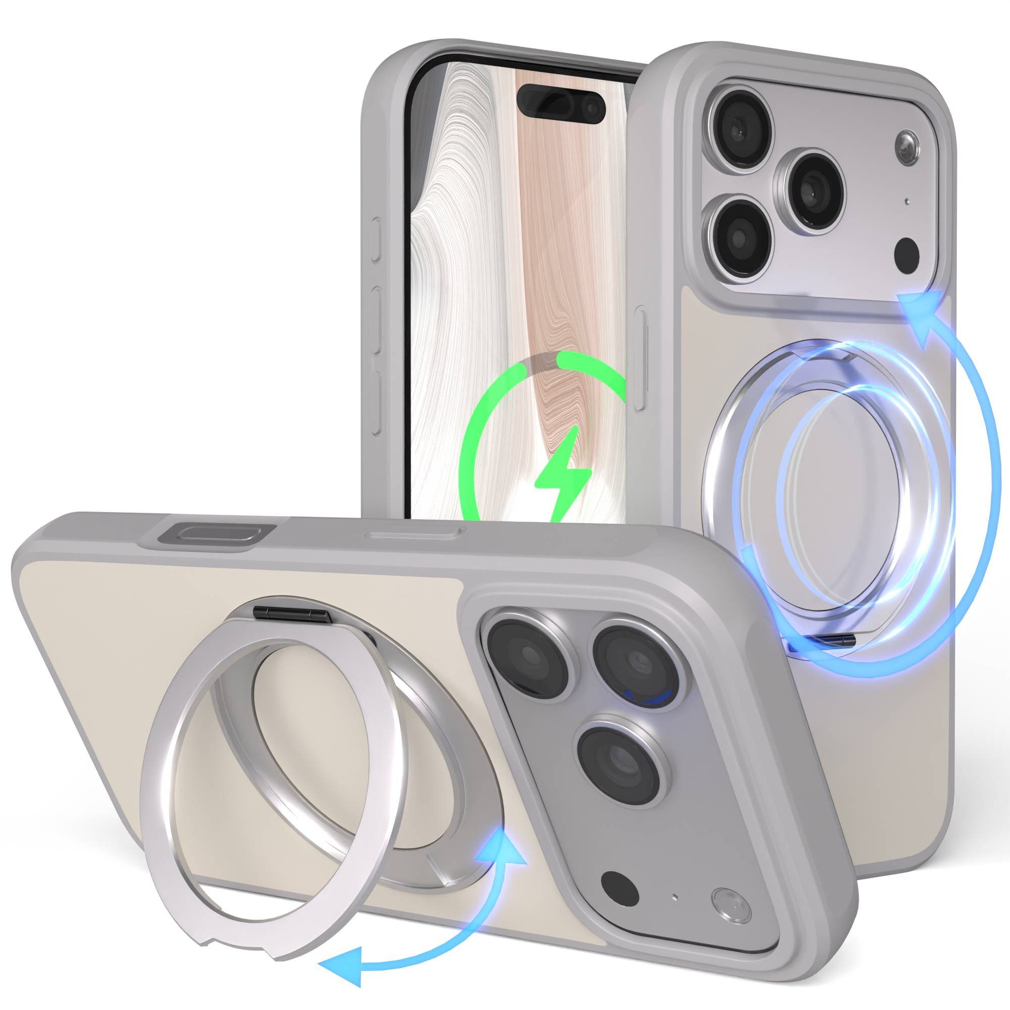 EAZY CASE Handyhülle Outdoor Apple iPhone 17 Pro Case MagSafe Rotation Ring 6,3 Zoll, Moderne aufstellbare Handyhülle stoßfest Bumpercase kratzfest in Grau