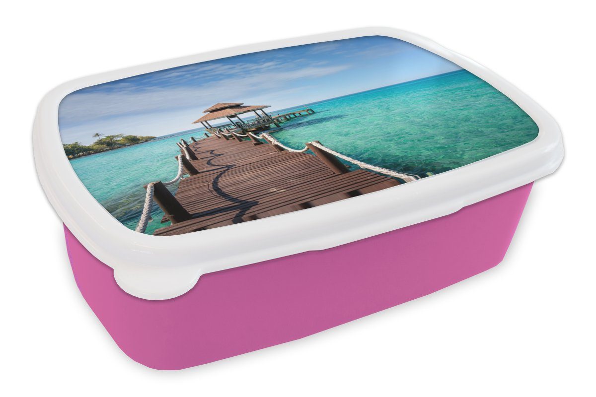 MuchoWow Lunchbox Meer - Pier - Bar, Kunststoff, (2-tlg), Brotbox für Erwachsene, Brotdose Kinder, Snackbox, Mädchen, Kunststoff rosa