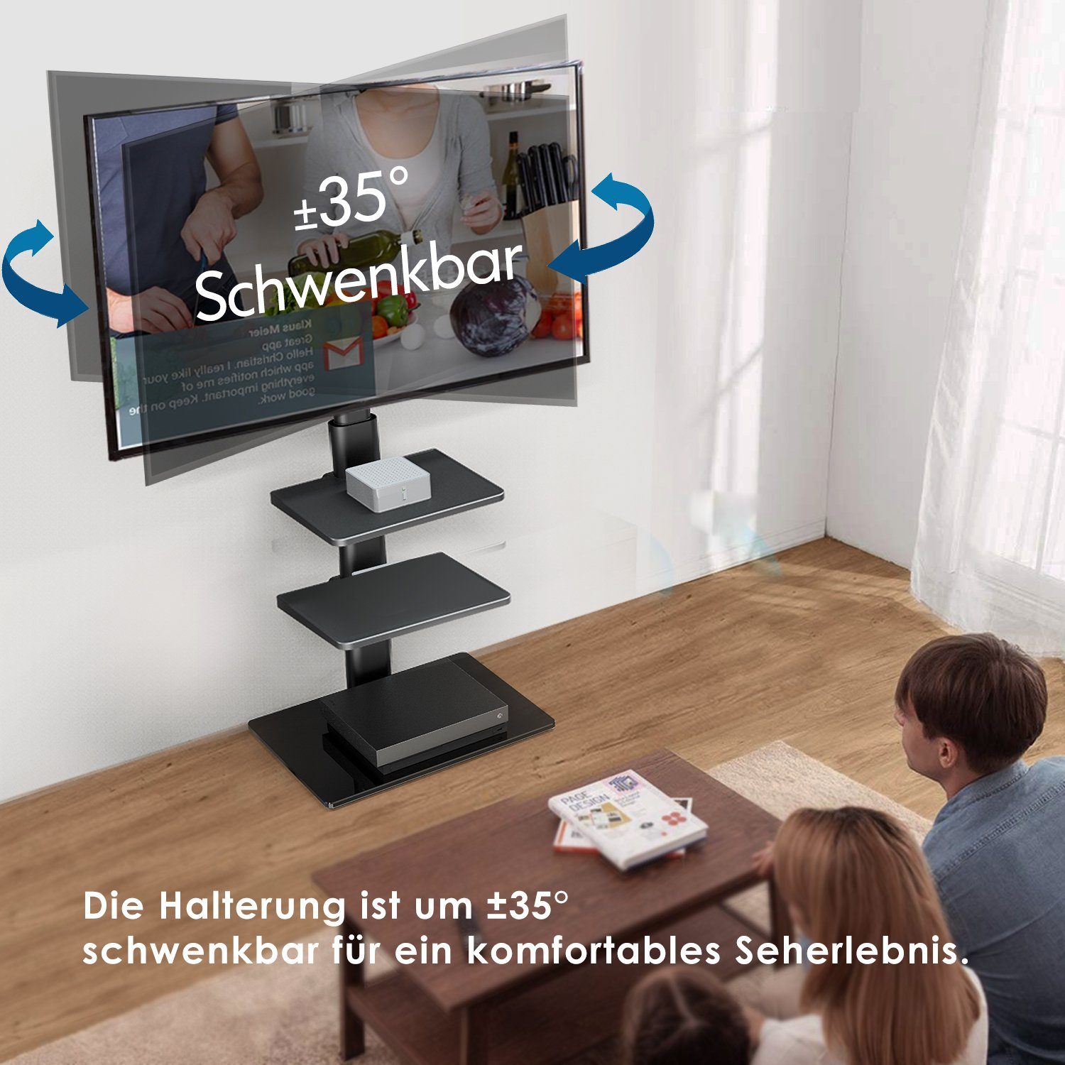 FITUEYES TV-Ständer mit 2 Ablagen, höhenverstellbar, ±30°schwenkbar, 32-60 Zoll, (bis 60,00 Zoll, verstellbare Ablagen, aus gehärtetem Glas)
