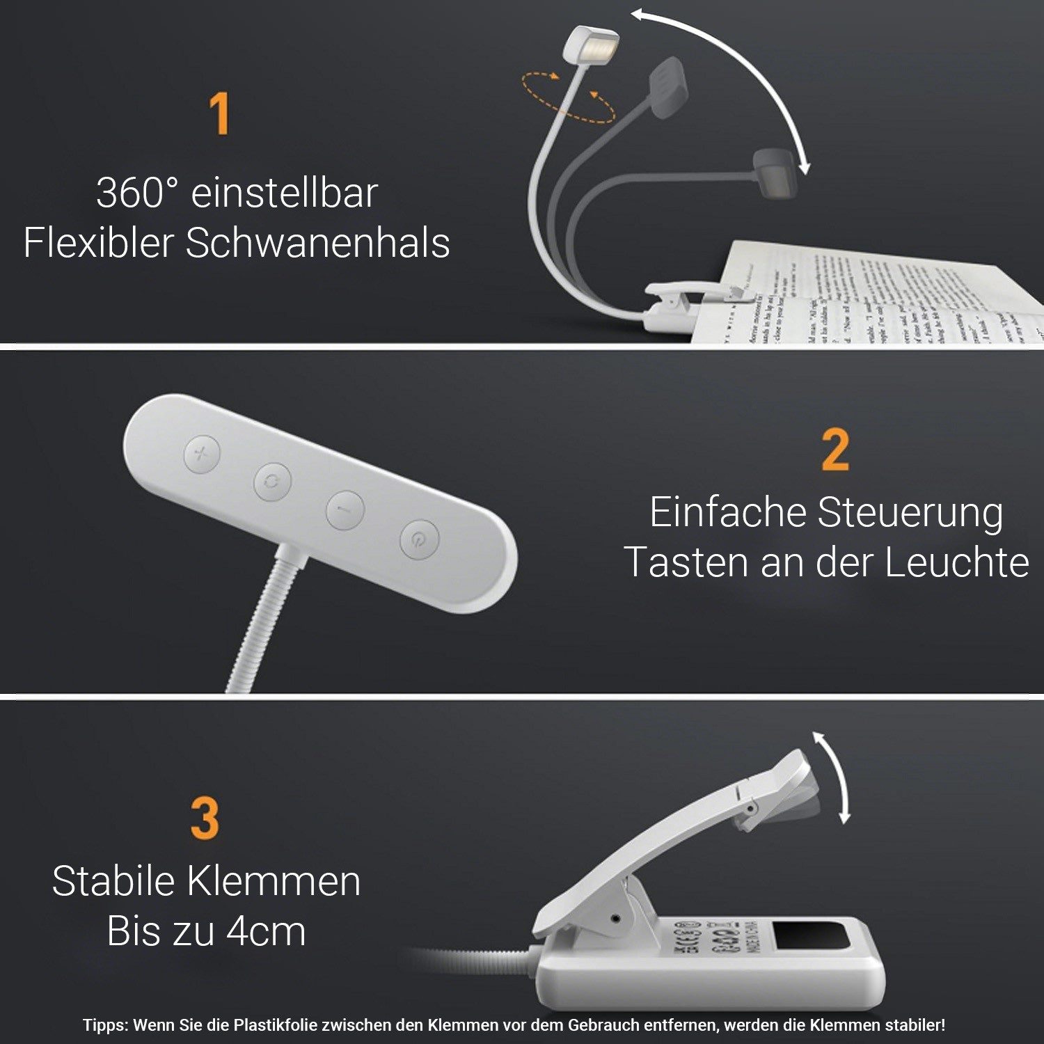 Lapalife LED Leselampe Akku Buchlampe Breites Licht, Klemmlampe mit 3 Farben & 10 Helligkeit, LED fest integriert, USB Aufladbar, Schwanenhals, Augenschonendes, für Nachtlesen ins Bett