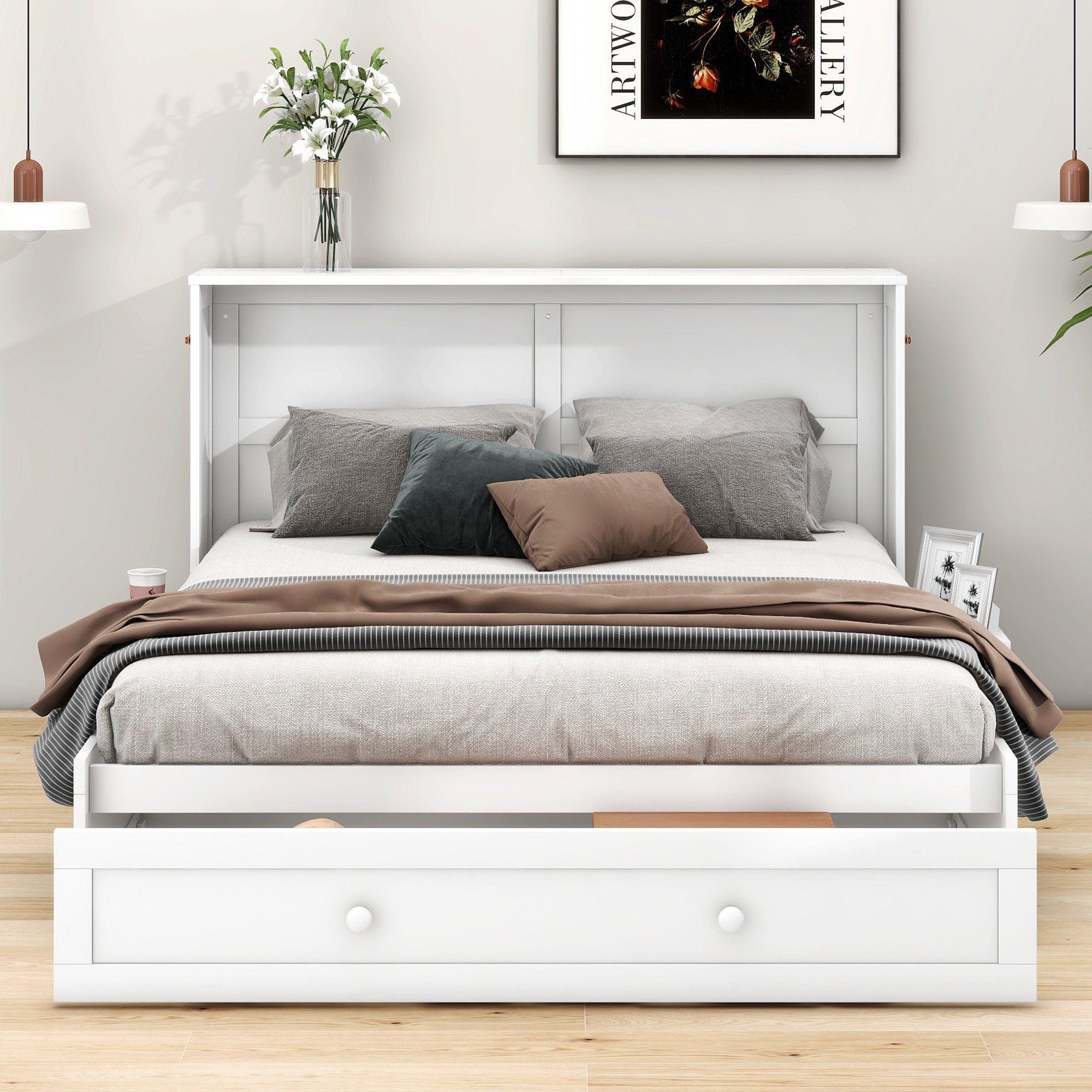 Odikalo Schrankbett 140/90x200 Plattformbetten Mobiles Bett Schubladen Regal Verwandelbare