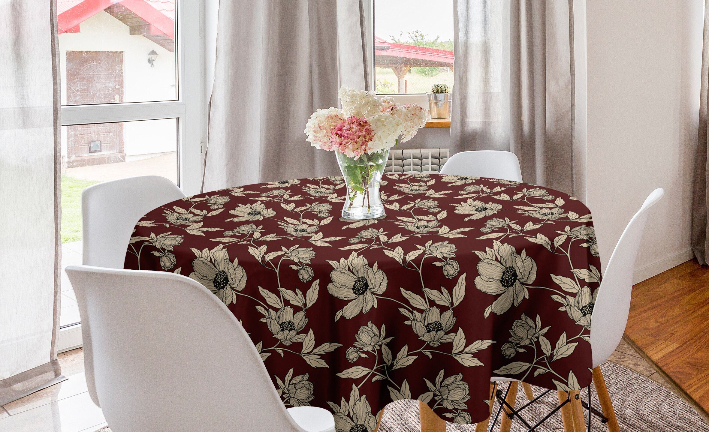 Abakuhaus Tischdecke Kreis Tischdecke Abdeckung für Esszimmer Küche Dekoration, Floral Klassische Blumen Skizzieren