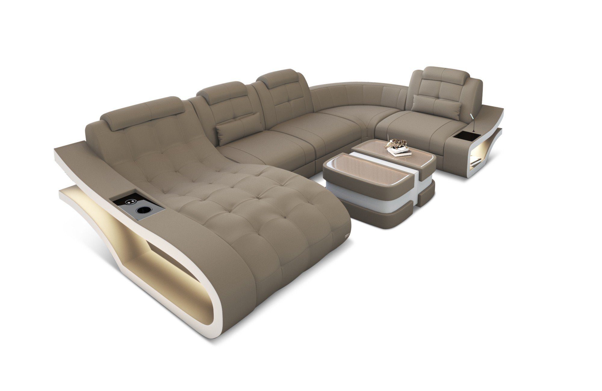 A taupe-weiß Sofa Sofa Polster Couch, Form Dreams Stoffsofa Bettfunktion wahlweise Stoff Wohnlandschaft mit U - Elegante