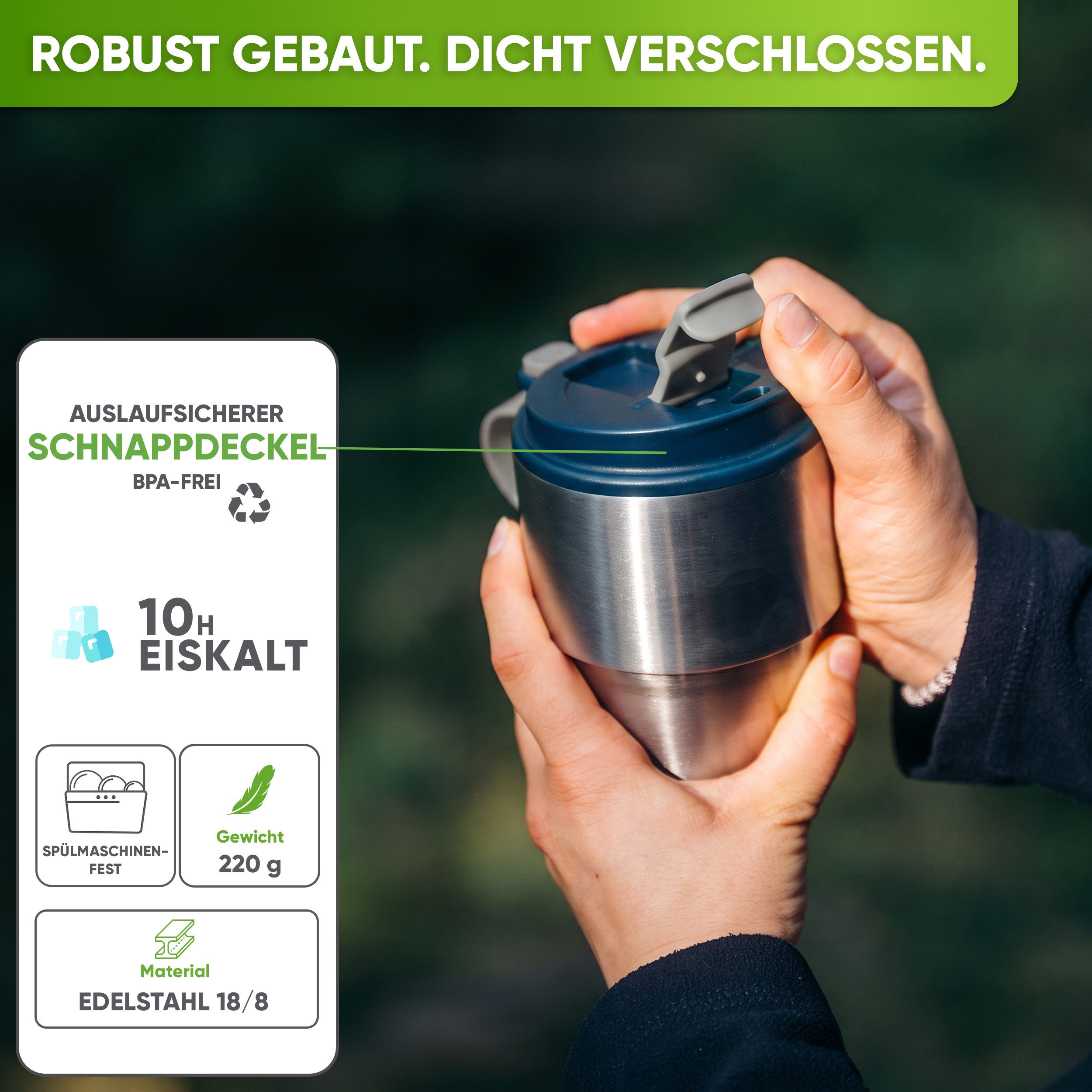 Blockhütte Thermobecher Kaffee to go - Kaffeebecher to go - Coffee to go Becher, Edelstahl, Auslaufsicher, 8 Stunden heiß, 10 Stunden kalt – Bild 2 von 5