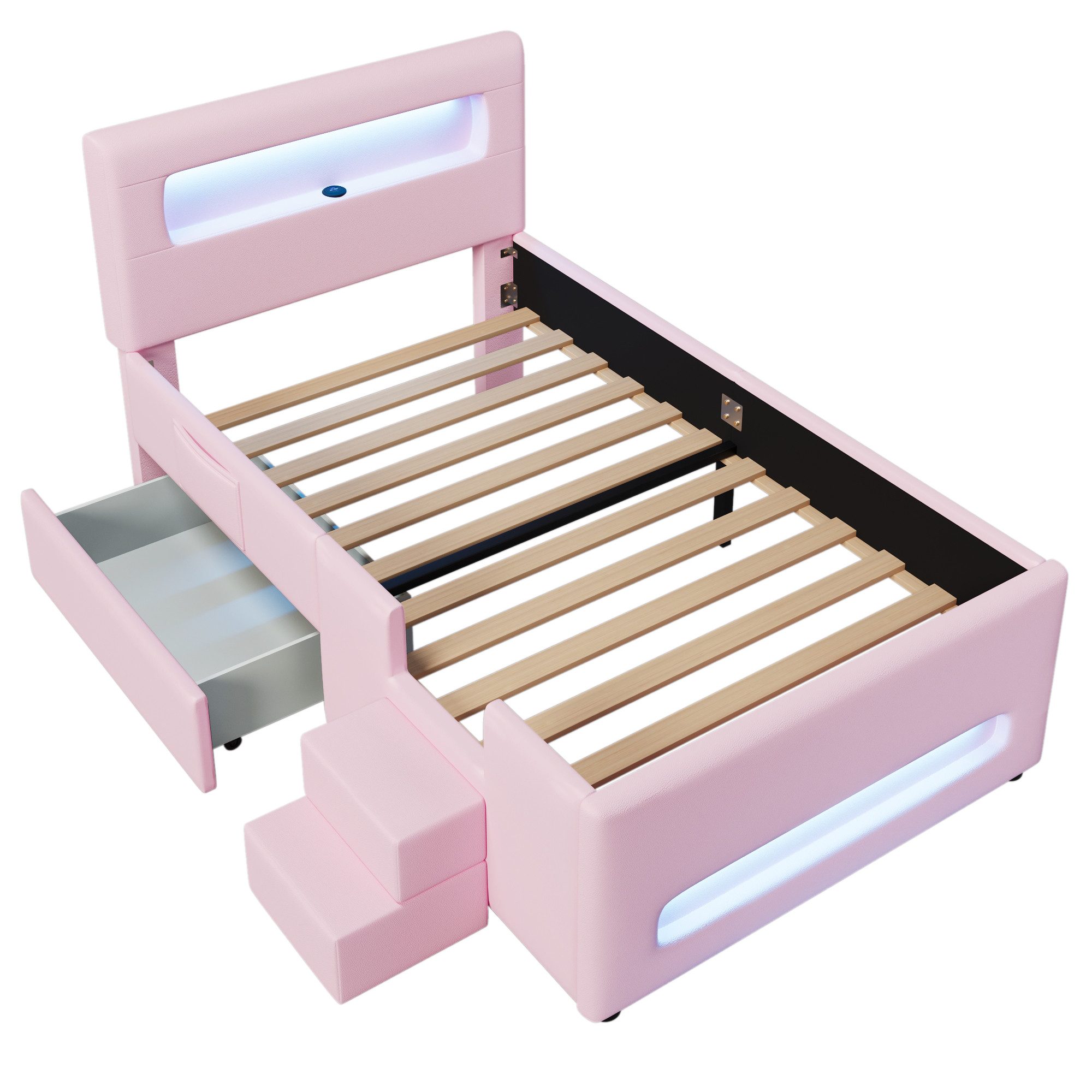 MODFU Kinderbett Modernes Komfortbett (mit LED-Leisten & Schublade,Kunstleder, 1-tlg., 218 x 97 x 95), mit Treppe