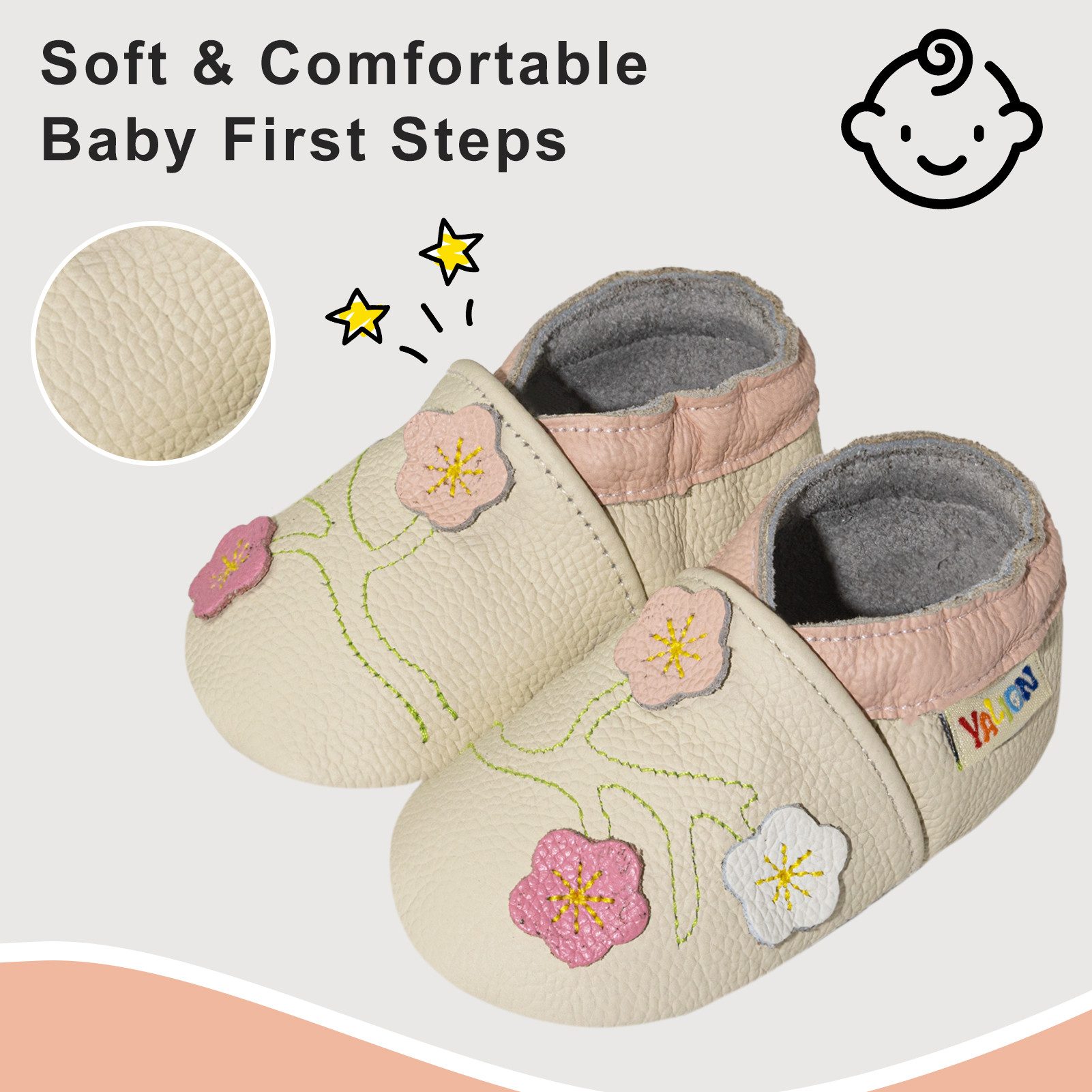 Yalion Baby schuhe aus 100 % Leder Beige mit 3 Blumen Krabbelschuh