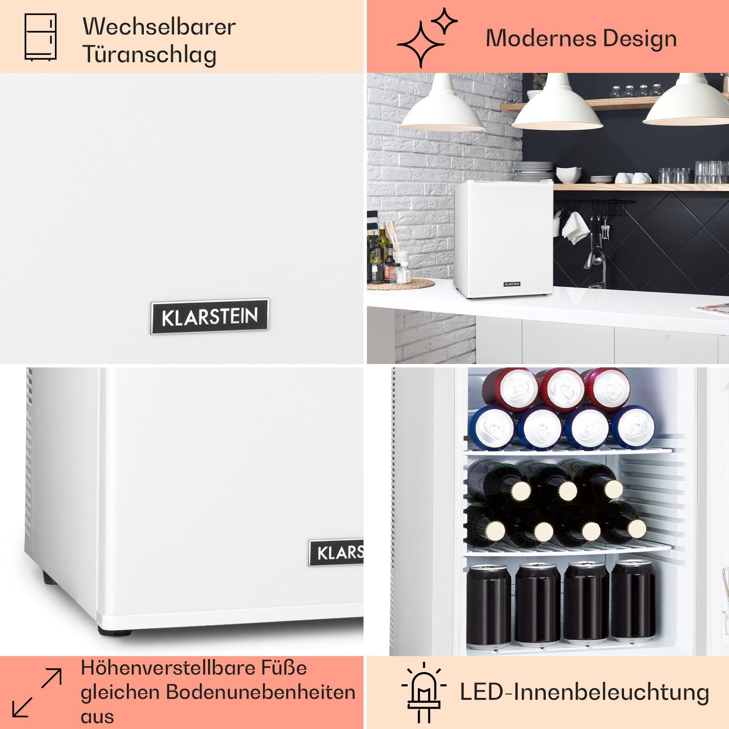 Klarstein Table Top Kühlschrank HEA-HappyHour-42Wht 10035245A, 53.5 cm hoch, 40 cm breit, Hausbar Minikühlschrank ohne Gefrierfach Getränkekühlschrank klein