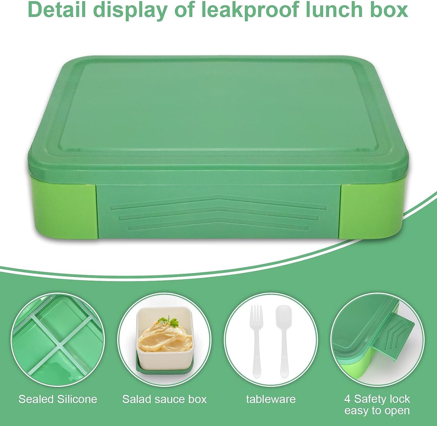 XDeer Lunchbox Kinder Brotdose Fächer) Jausenbox,Vesperdose, für 1300ml Gruen Kinder/Erwachsene Auslaufsicher/BPA-freiVesperdose (6