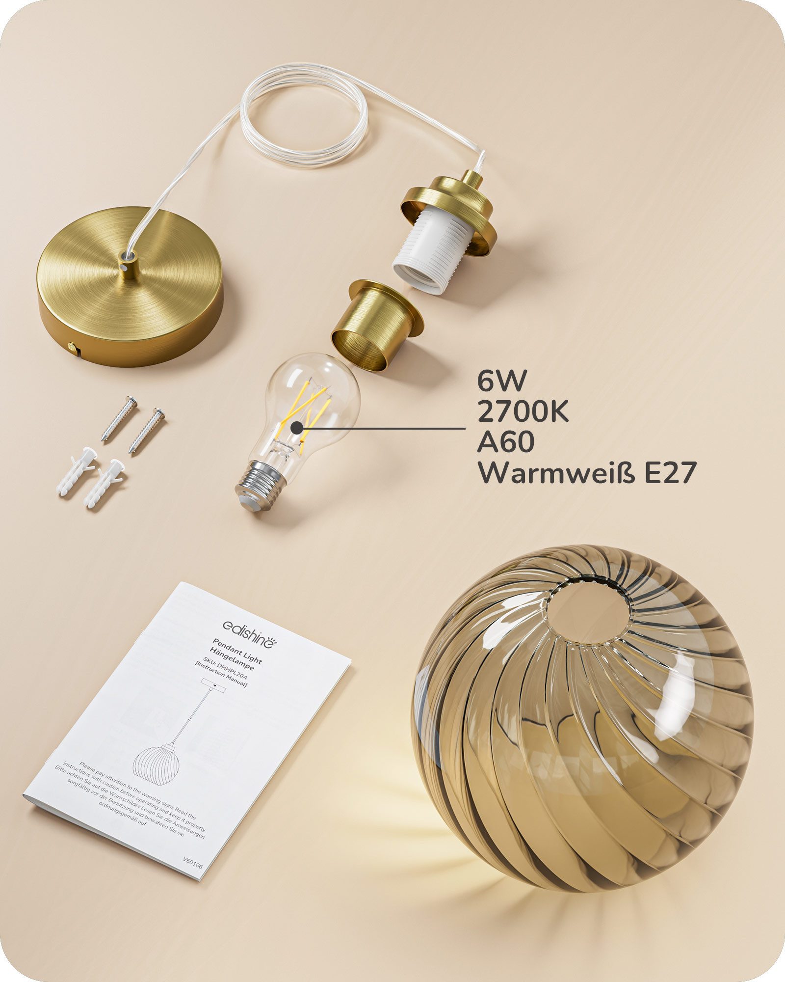 EDISHINE Pendelleuchte für Esstisch, Hängeleuchte mit Glas Lampenschirm, Höhenverstellbar, LED wechselbar, warmweiß, Hängelampe für Kücheninsel, Flur, Rauchgrau – Bild 4 von 5