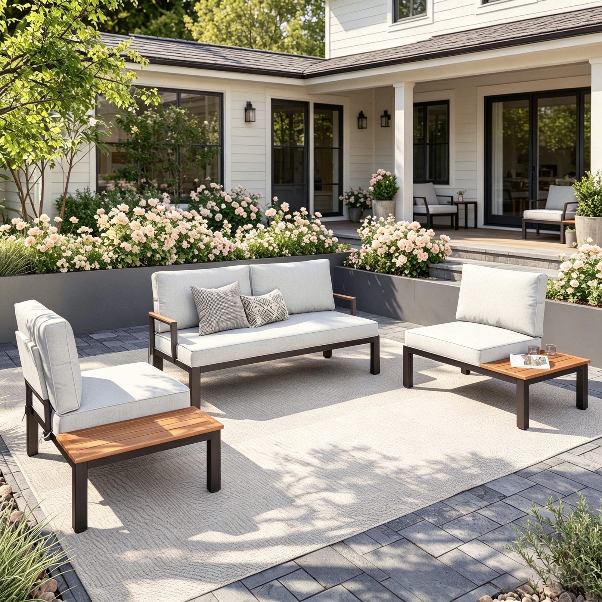 PHI VILLA Gartenlounge-Set, (Balkonmöbel Outdoor Ecksofa, Metall Gartenmöbel Set), Außen Gartensofa Wetterfest mit Couchtisch und Kissen, Beige-Grau