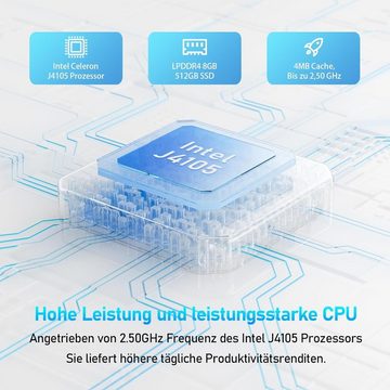 Auusda Tragbares Design Notebook (Intel Celeron J4105, 512 GB SSD, 8 GB RAM, Optimierte Leistung Flexibilität, leistungsstarkem Prozessor)