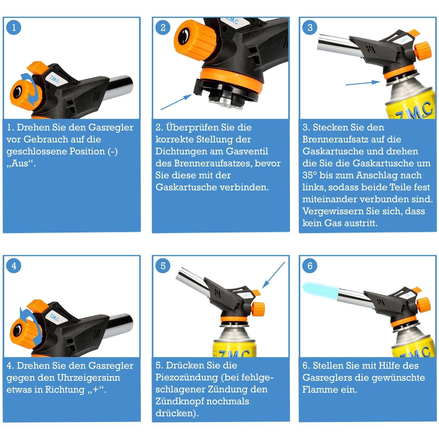ZMC Flambierbrenner Bunsenbrenner Grillanzünder Lötlampe mit 10x Gaskartuschen 227g MSF-1a, (Temperatur von bis zu 1300 ° C, Einstellbare Flamme, Piezo-Zündung, Kohleanzünder Flambierbrenner Butangasbrenner Butangas Gaskartusche), Brenneraufsatz Gasbrenner Flambiergerät Lötbrenner Gasanzünder