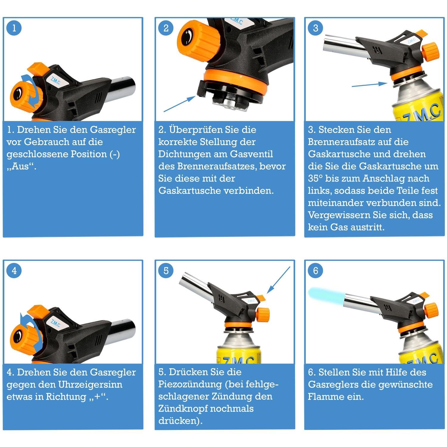 ZMC Flambierbrenner Bunsenbrenner Grillanzünder Lötlampe mit 4x  Gaskartuschen 227g MSF-1a, (Temperatur von bis zu 1300 ° C, Einstellbare  Flamme, Piezo-Zündung, Kohleanzünder Flambierbrenner Butangasbrenner  Butangas Gaskartusche), Brenneraufsatz