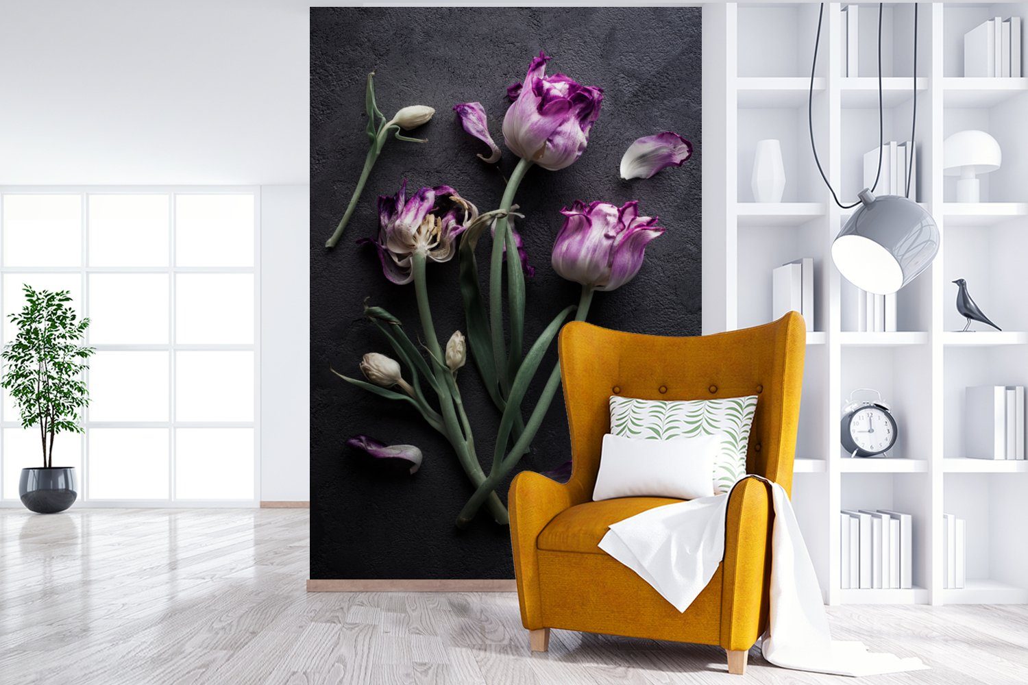 bedruckt, MuchoWow (3 Lila Vinyl Tulpen Fototapete Wohnzimmer, Montagefertig Blätter, St), - Matt, Tapete Wandtapete für -