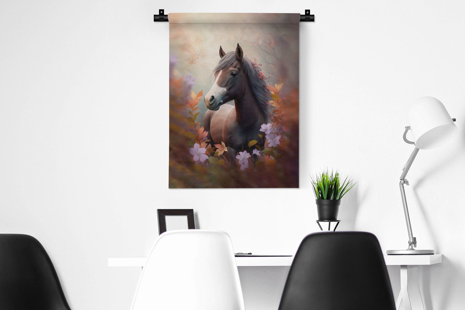 an für Tiere, Wohnzimmer, Wanddekoobjekt Blumen Lila Pferd Natur der Deko - Tapisserie, - - MuchoWow Schlafzimmer Wand, -