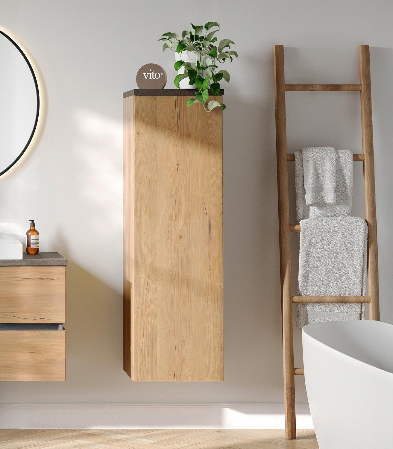 Vito Hochschrank CARIBU, Grau, Wildeiche Dekor, 1 Tür, Soft-Close, B 40 x H 131 x T 35 cm