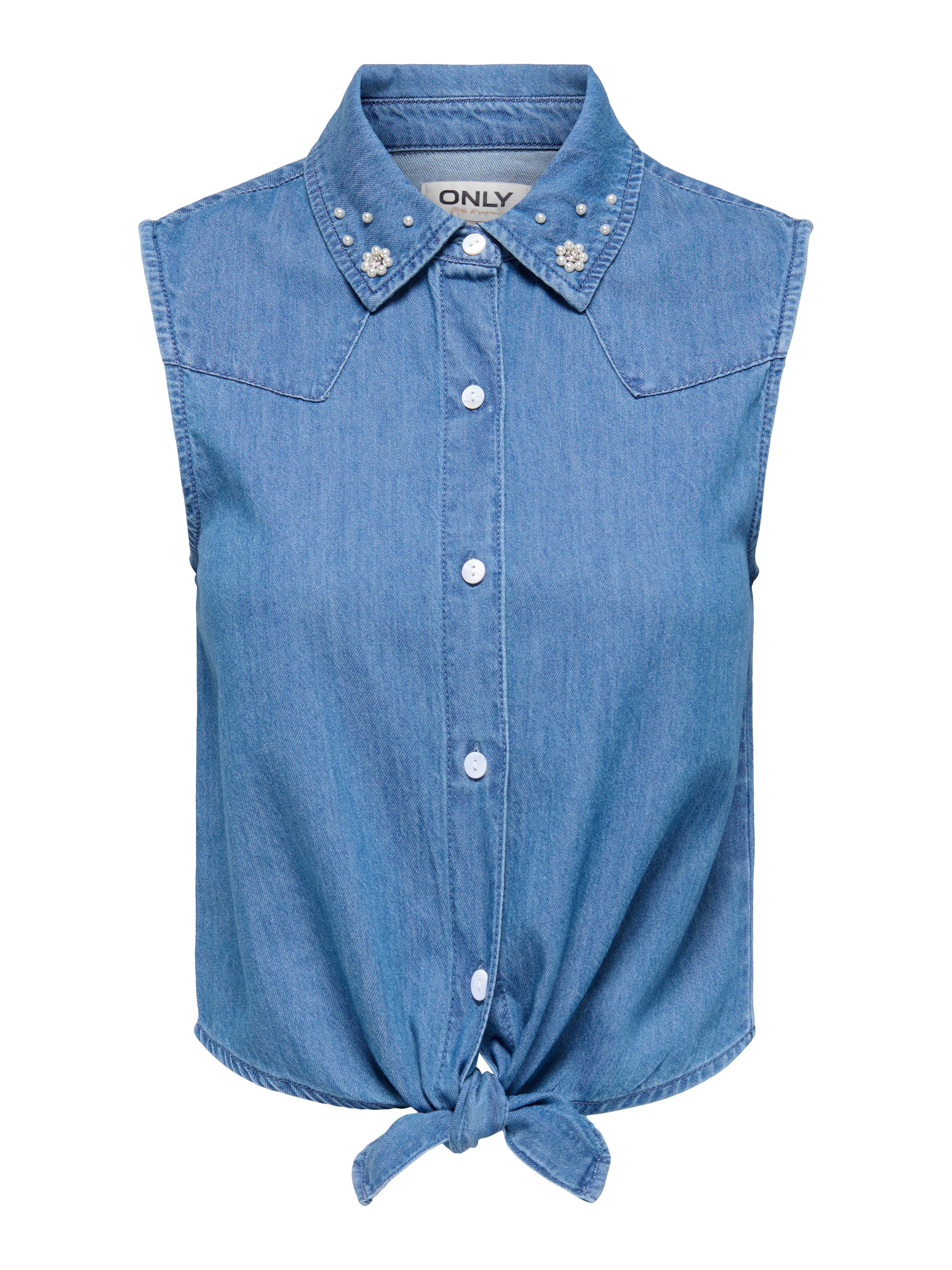 ONLY Jeansbluse ONLBRIAR S/L PEARL KNOT SHIRT DNM QYT Baumwolle