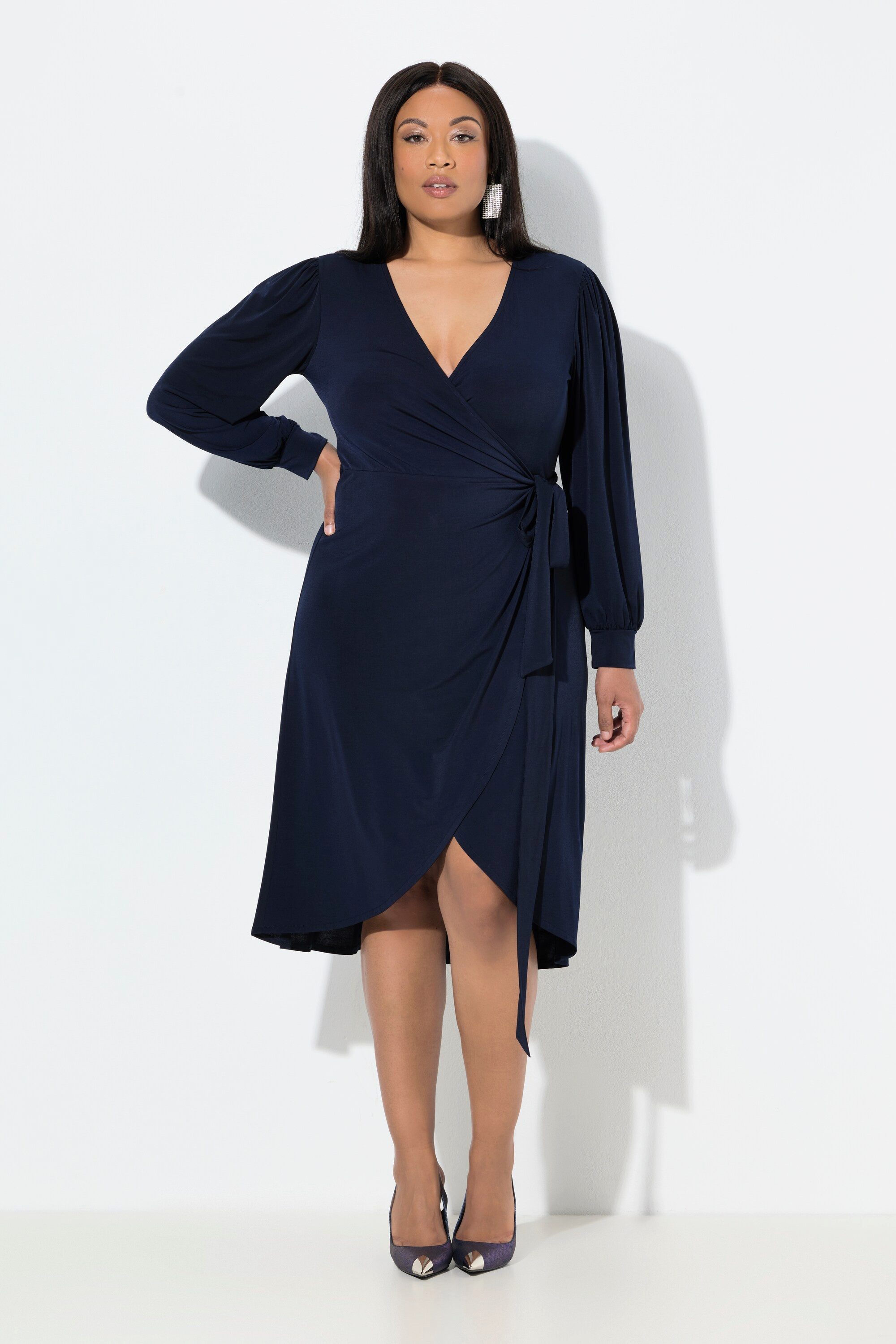 Ulla Popken Etuikleid Midi-Wickelkleid Bindegürtel V-Ausschnitt günstig online kaufen