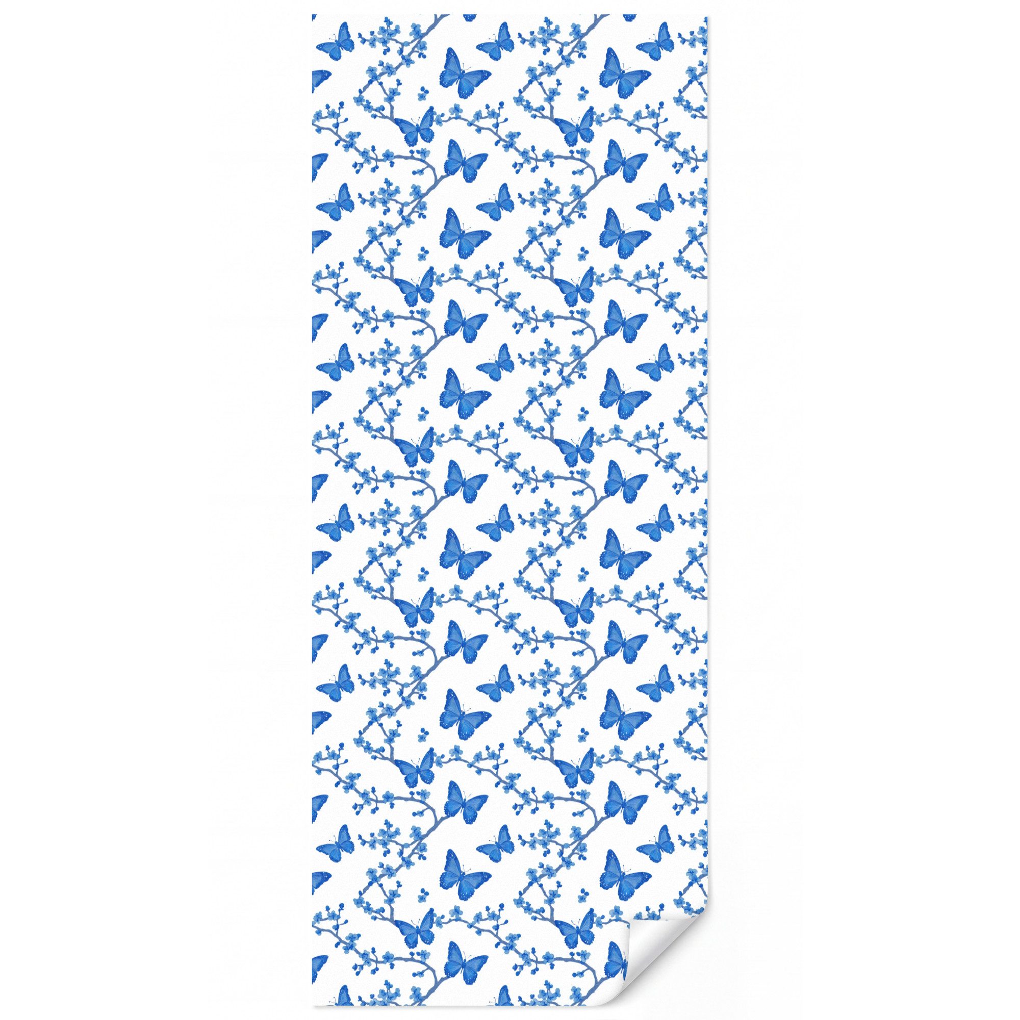 OnlyWow Fototapete Schmetterling - Blumen - Blau, Matt, bedruckt, Wohnzimmer, Küche, Wandtapete, Wanddekoration 120x280cm