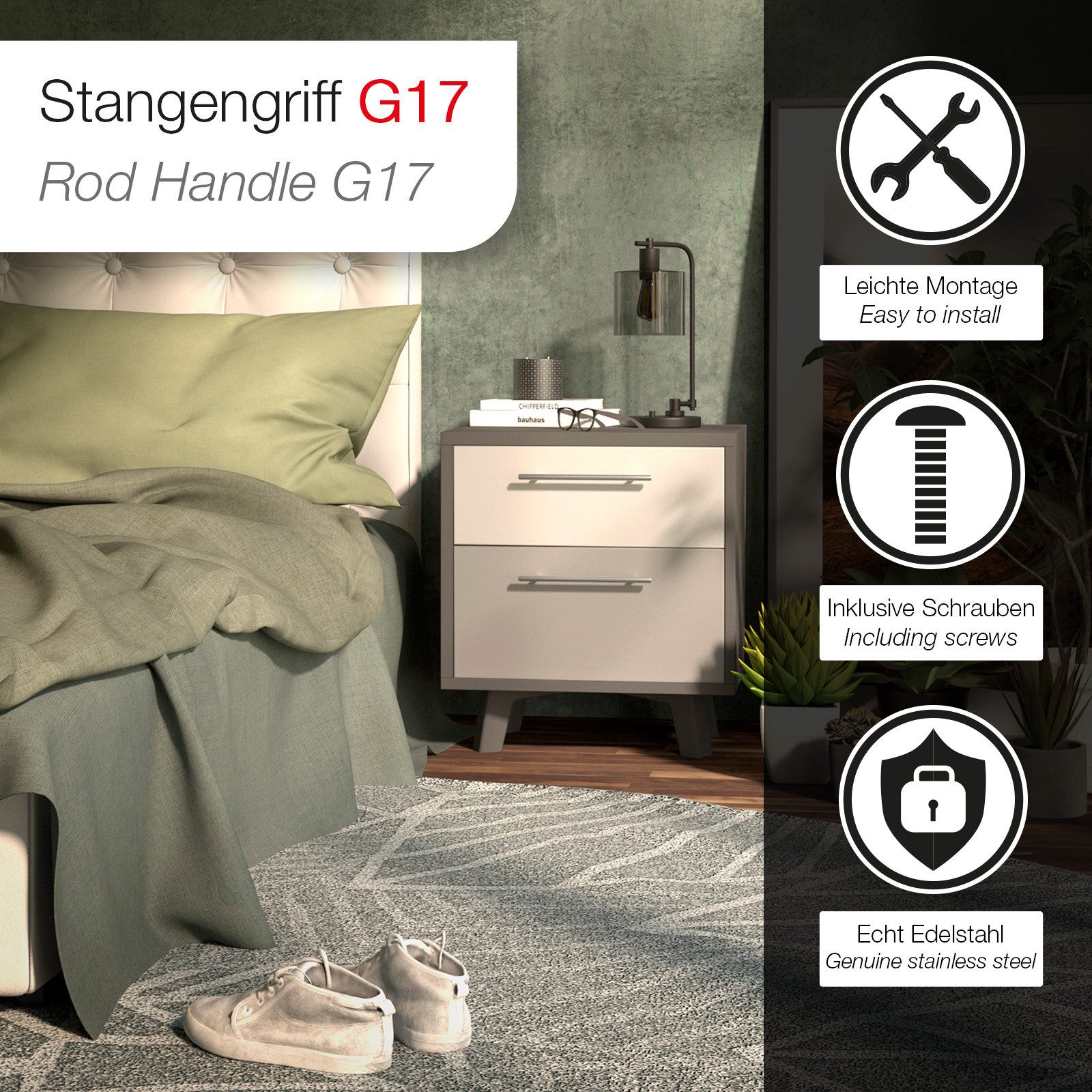 SO-TECH® Möbelgriff Stangengriff G17 echt Edelstahlrohr Ø 12 mm inkl. Schrauben (1-St), Edelstahl gebürstet, Bohrlochabstand 64 mm, Schubladengriff
