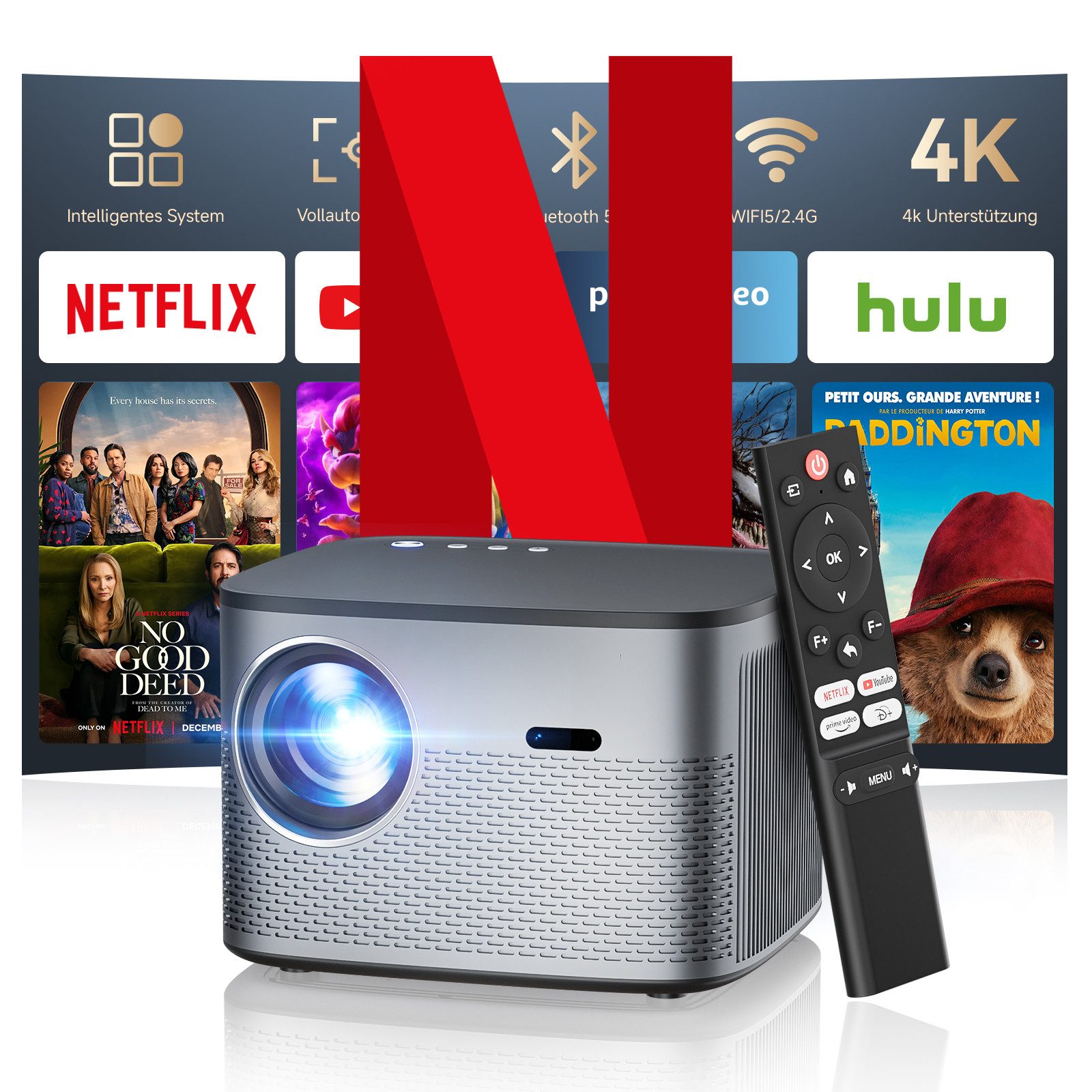 ZOOMCAT Beamer 4K mit Autofokus & Netflix Zertifizierung, Wifi 6 Bluetooth 5.3 Beamer (3840x2160 px, Native 1080P, 800 ANSI, Auto Hindernisvermeidung, Android 13 Projektor)