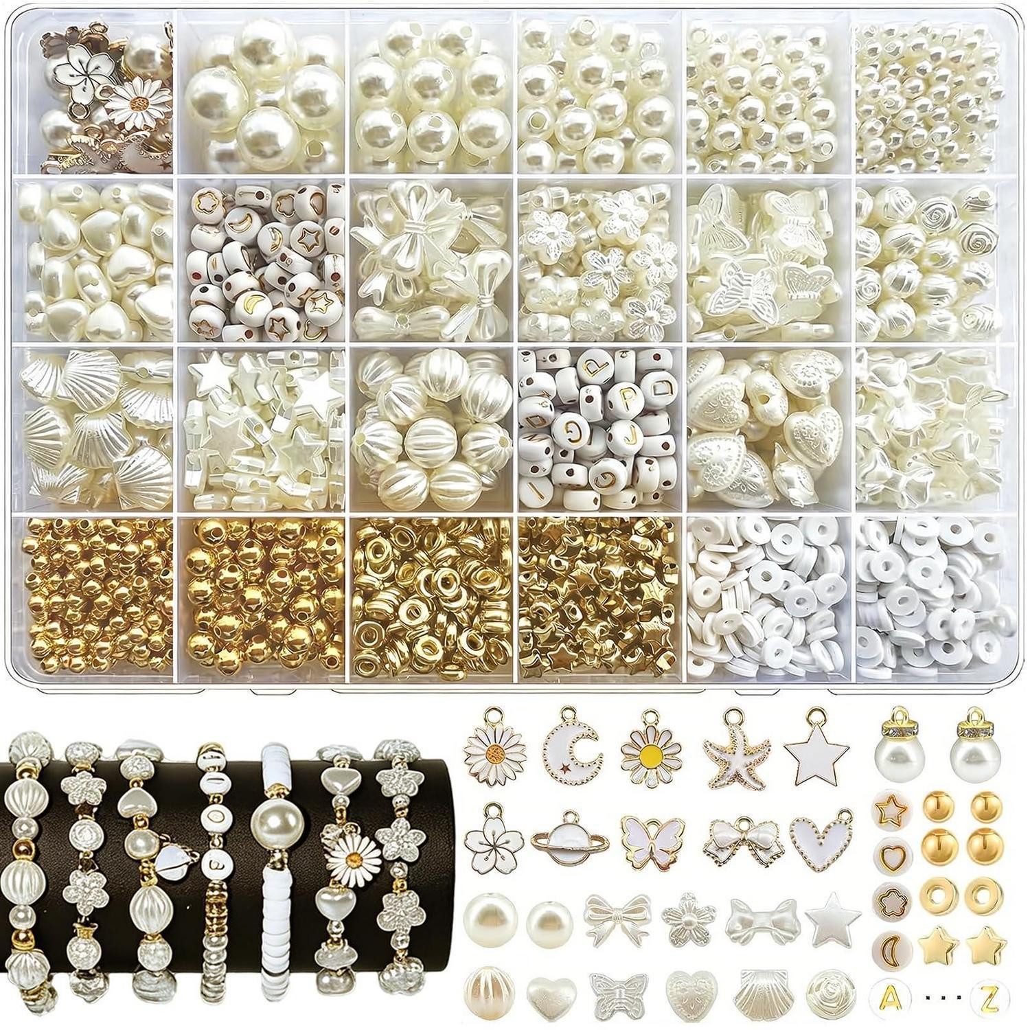 LuxusKollektion Ketten und Armband Set Perlen Set Weiß DIY Schmuck Basteln