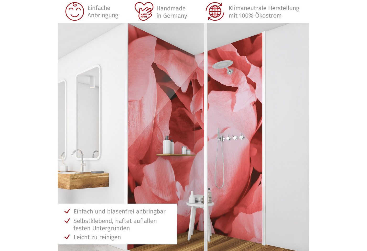 Thumbnail - Bilderdepot24 Badrückwand Blumen rosa Duschrückwand ohne Bohren Dusche Landhaus, (2-tlg., Hart-Folie Smart matt 0,35 mm)...
