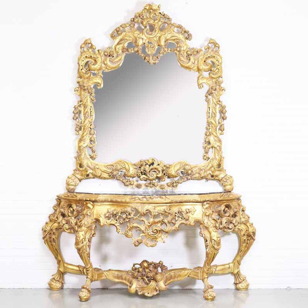 Casa Padrino Barockspiegel Luxus Barock Spiegelkonsole mit Marmorplatte Gold 180 x H270 cm - Hotel Möbel - Konsole mit Spiegel