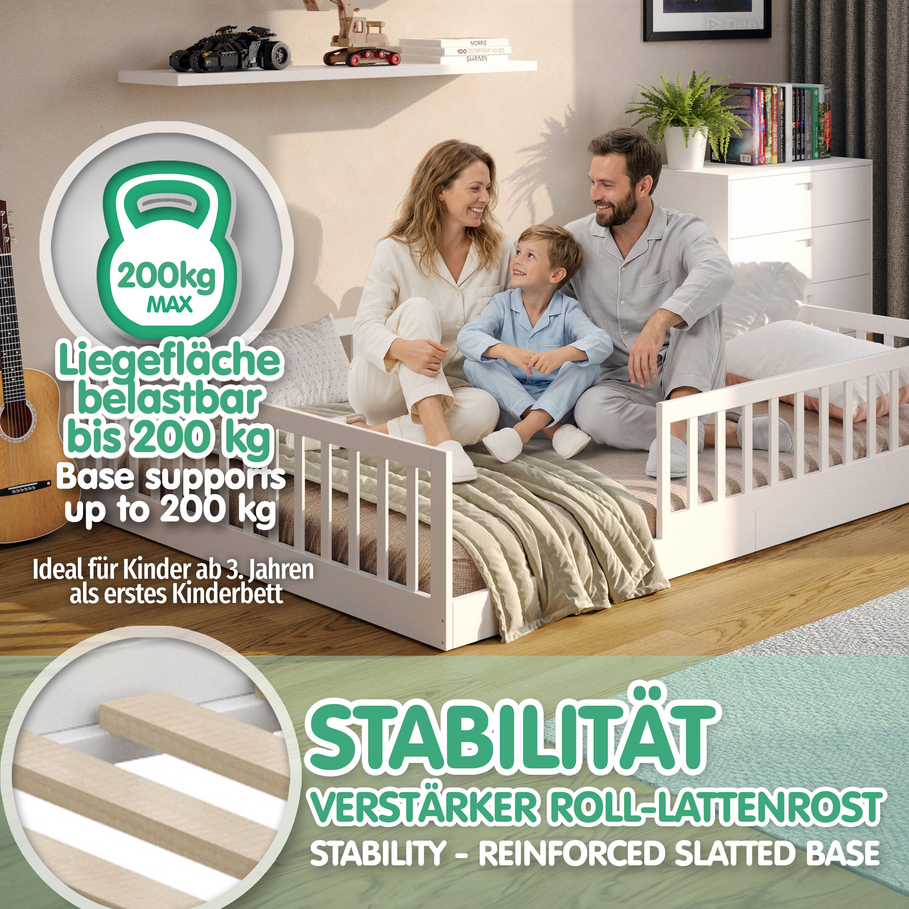 CADANI Kinderbett Timi Bodenbett bis 200 kg belastbar mit abnehmbarem Rausfallschutz (140x200 cm, Montessori Kinder- & Jugendbett aus Kiefer Massivholz), inkl.  – Bild 4 von 5