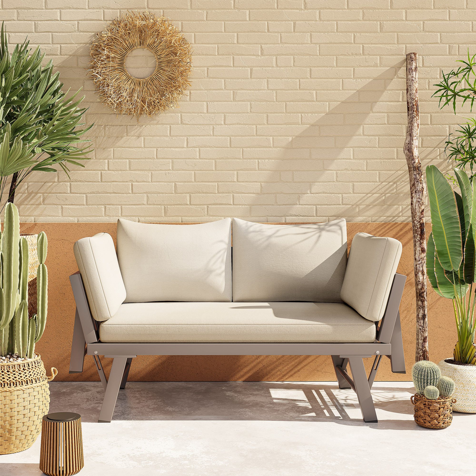 i@home Gartensofa mit Liegefunktion, Gartenliege mit Auflagen und klappbaren Armlehne, Beige