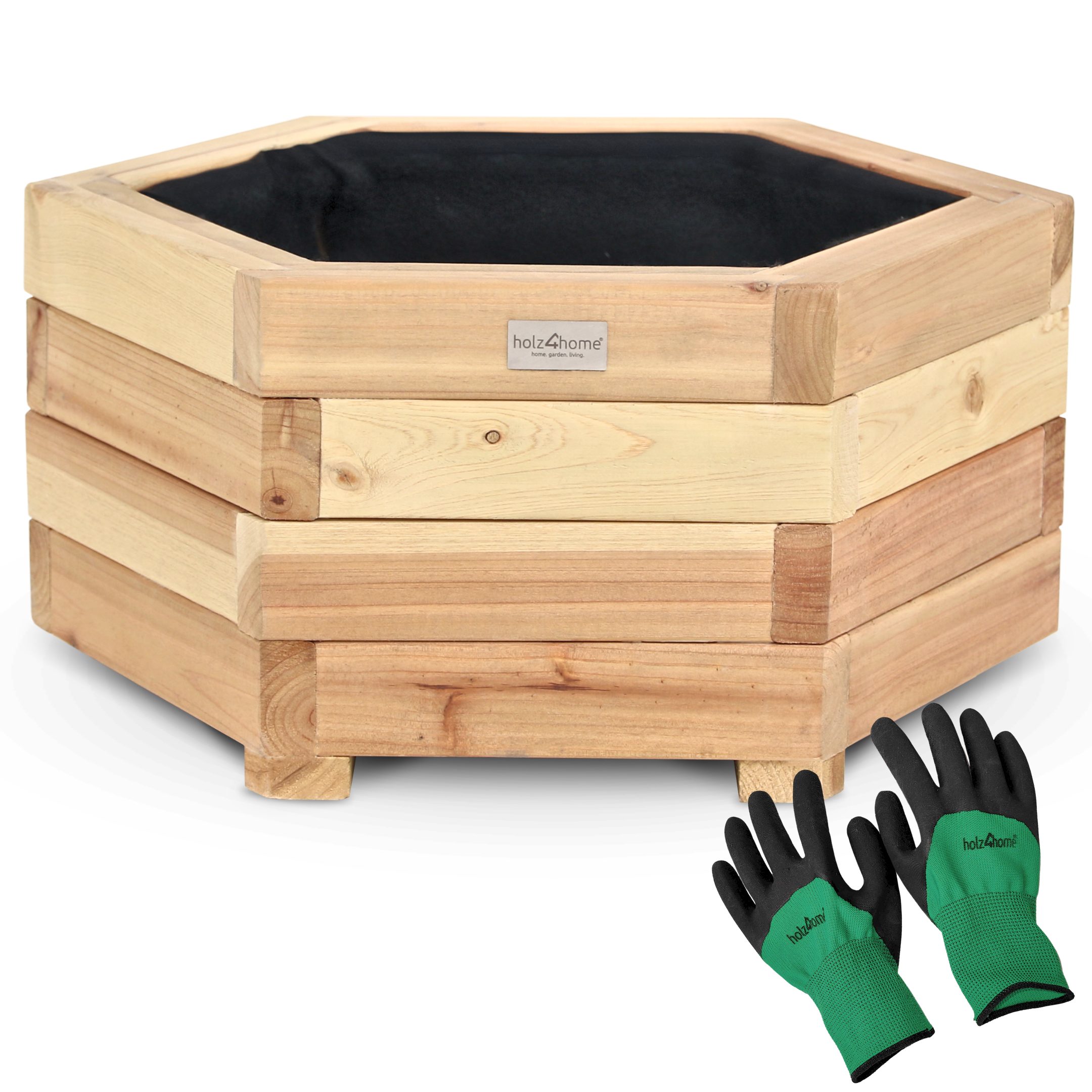 holz4home® Pflanzkübel 6-eckig aus Tannenholz I Outdoor Blumenkübel für Garten Balkon, inkl. Gartenhandschuhe & Vlies