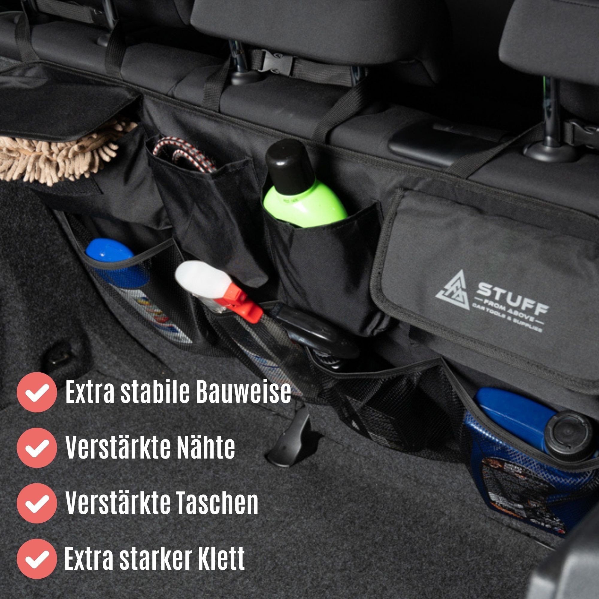 stuff from above Rücksitzorganizer für die Auto-Kofferraum-Rücksitzbank (84x46cm) - Extra starker Klett (Kofferraumorganizer mit 8 Fächern und faltbar, Aufbewah – Bild 5 von 5
