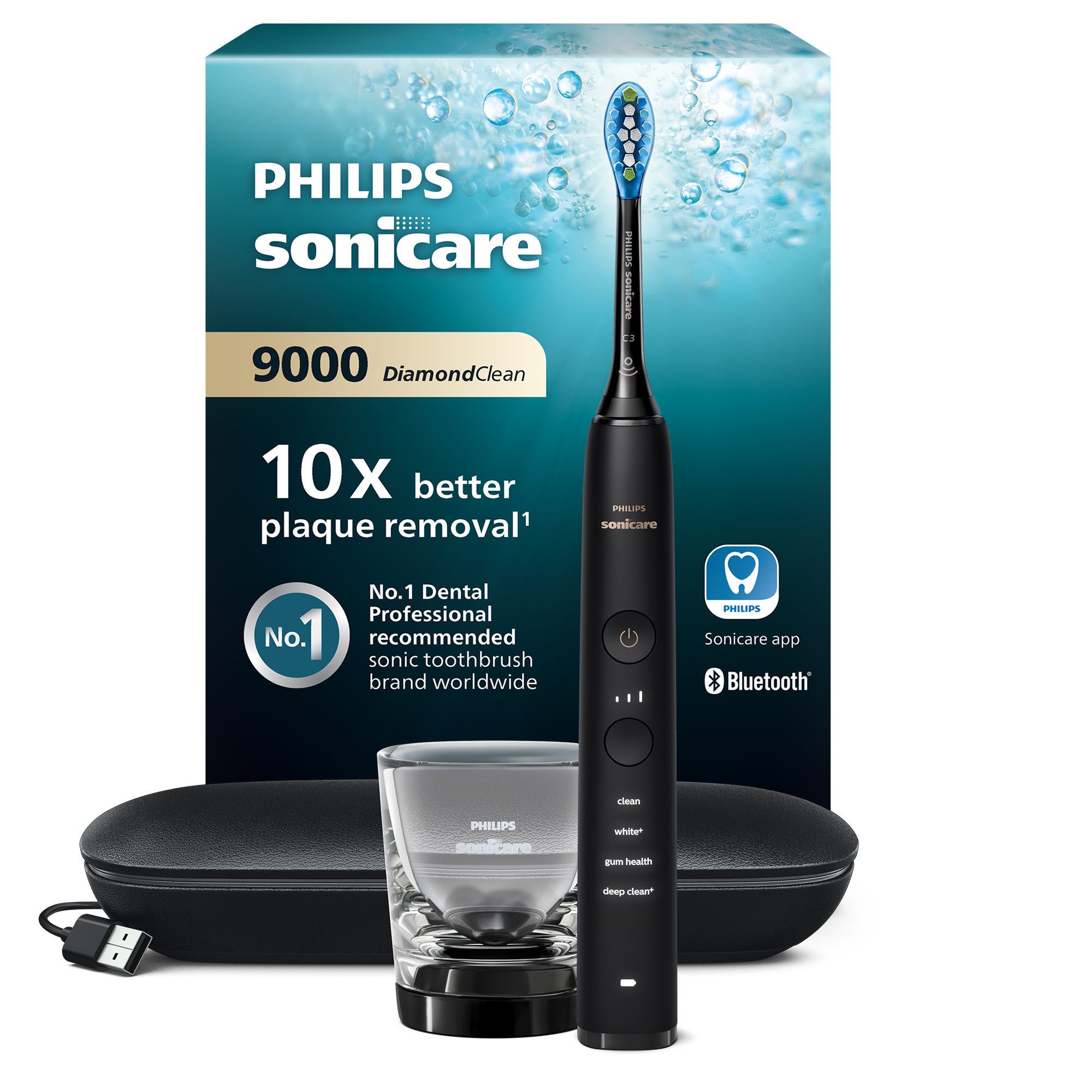 Philips Sonicare Elektrische Zahnbürste DiamondClean 9000 HX9911, Aufsteckbürsten: 1 St., mit Schalltechnologie, Ladeglass, USB-Reiseetui