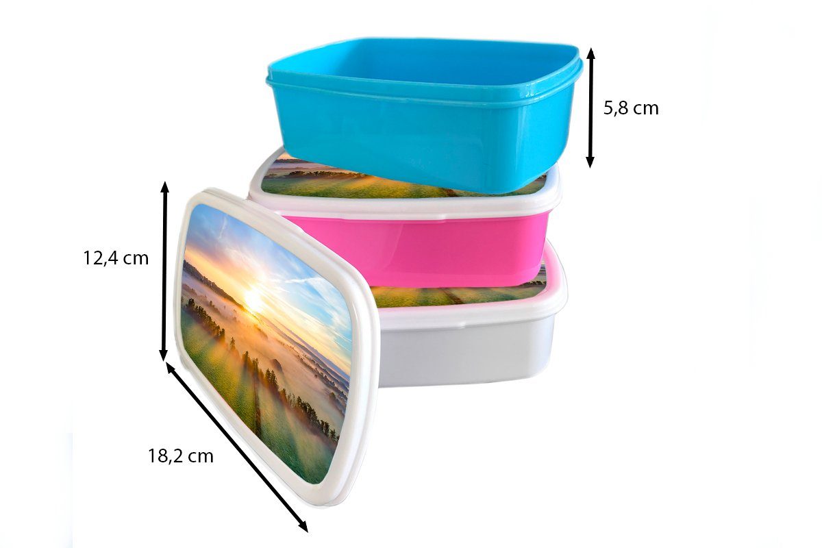 Landschaft, Snackbox, Lunchbox über Brotdose Kunststoff, Sonnenaufgang Mädchen, Brotbox für MuchoWow ruhigen Kunststoff einer rosa Farbenfroher (2-tlg), Kinder, Erwachsene,