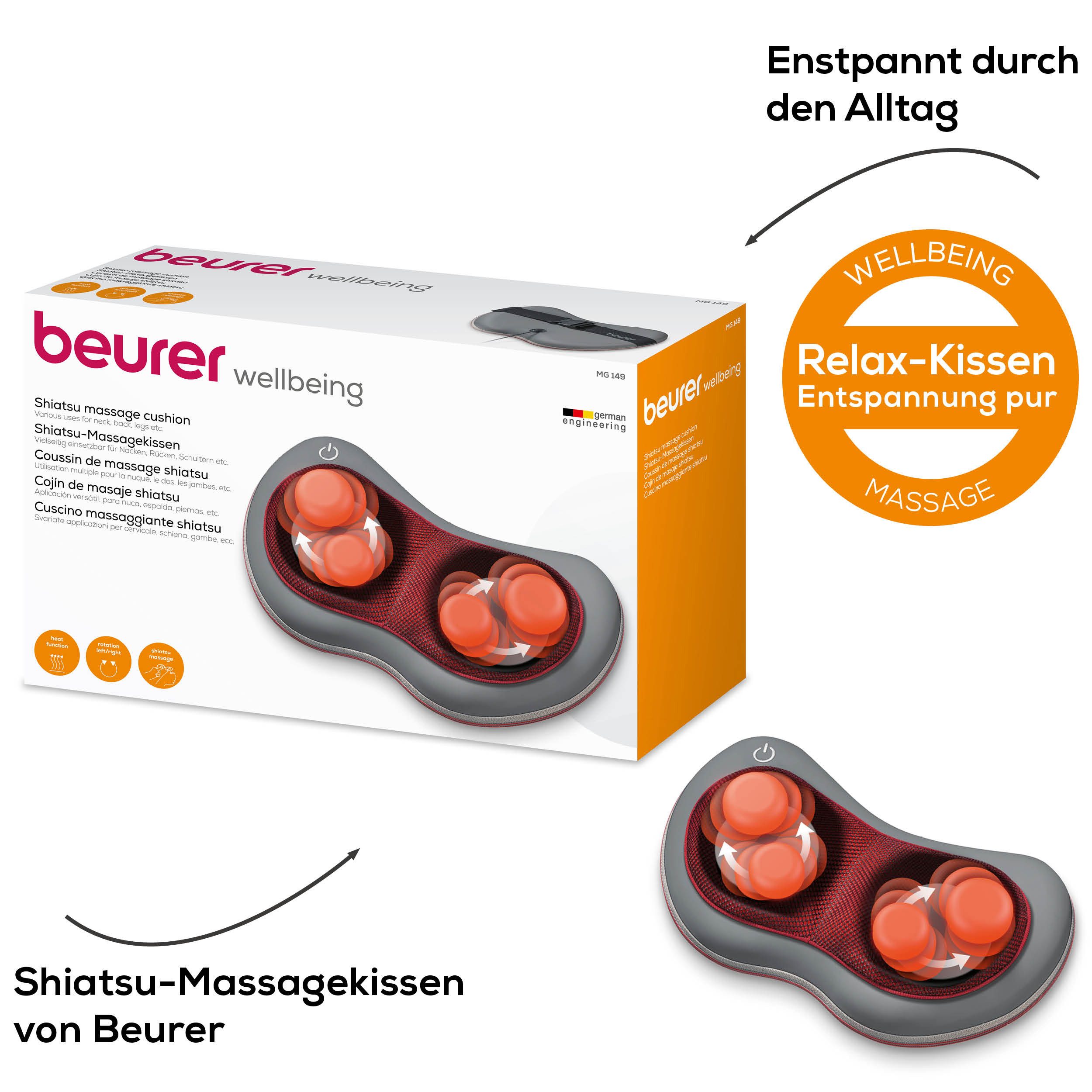 BEURER Shiatsu-Massagekissen MG 149 für wohltuende Shiatsu-Massagen mit 4 Massageköpfen, Mit Licht- und Wärmefunktion, waschbarer Bezug bei 30°C
